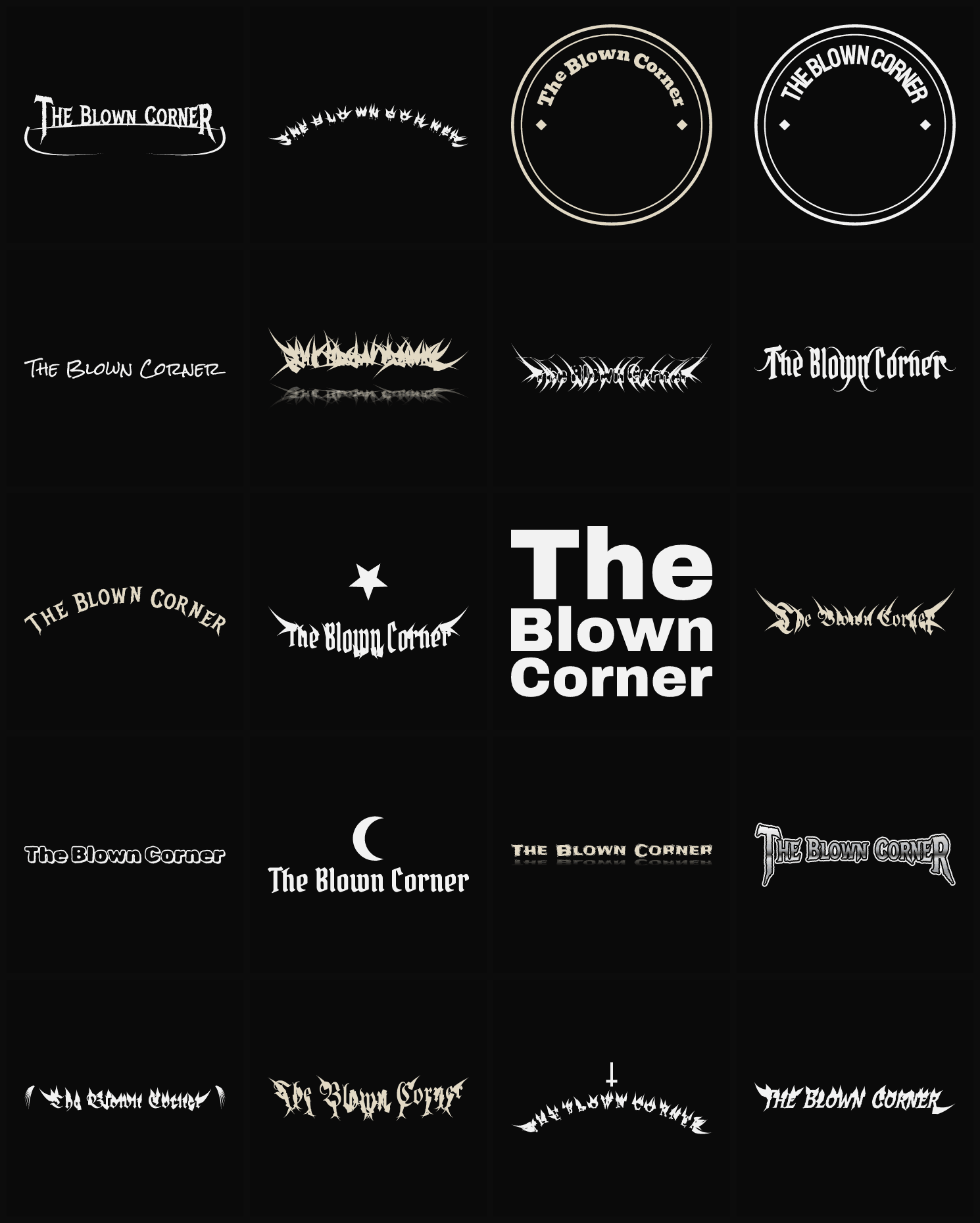 Twenty The Blown Corner band logo ideas — different faces, treatments and spike settings