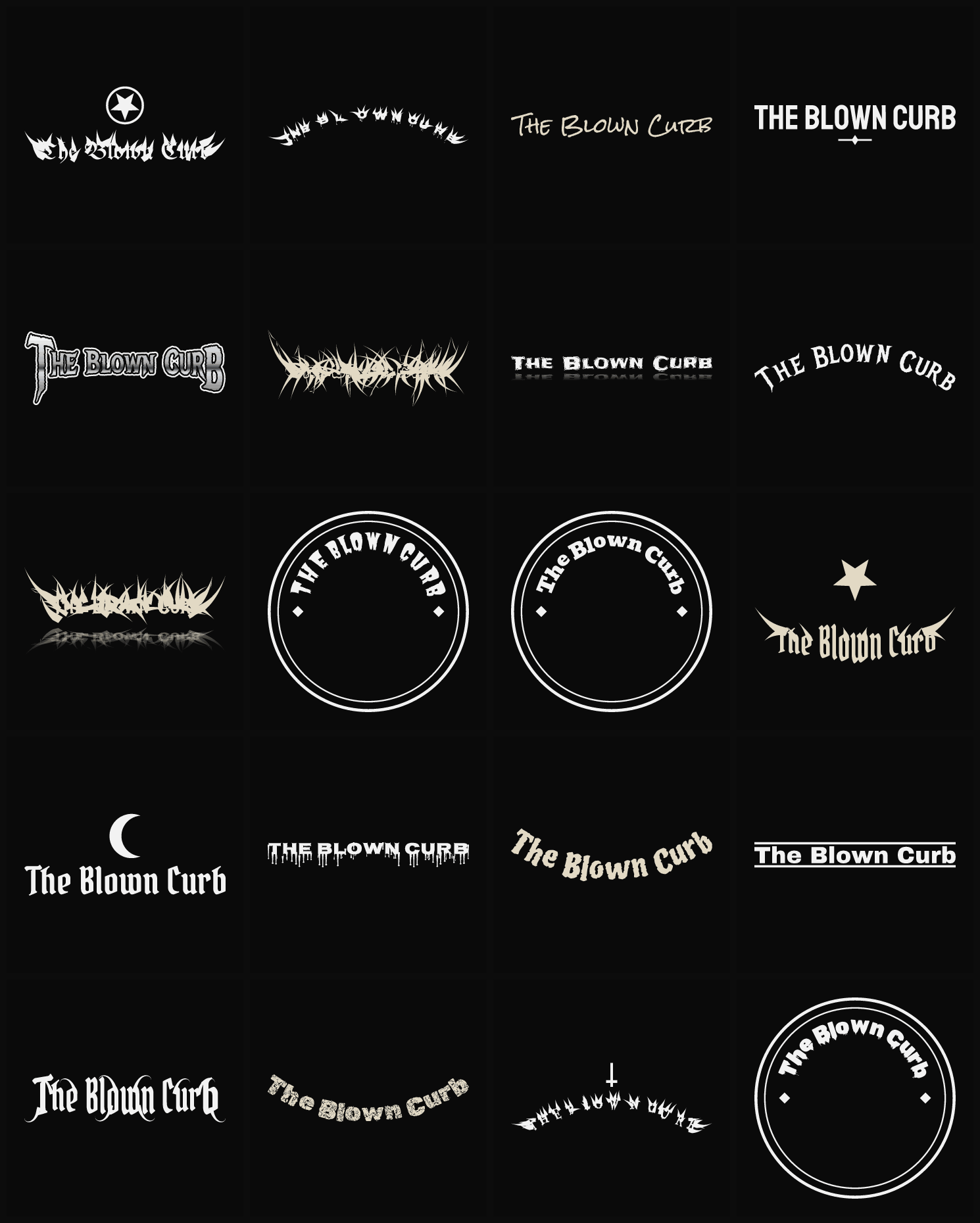 Twenty The Blown Curb band logo ideas — different faces, treatments and spike settings