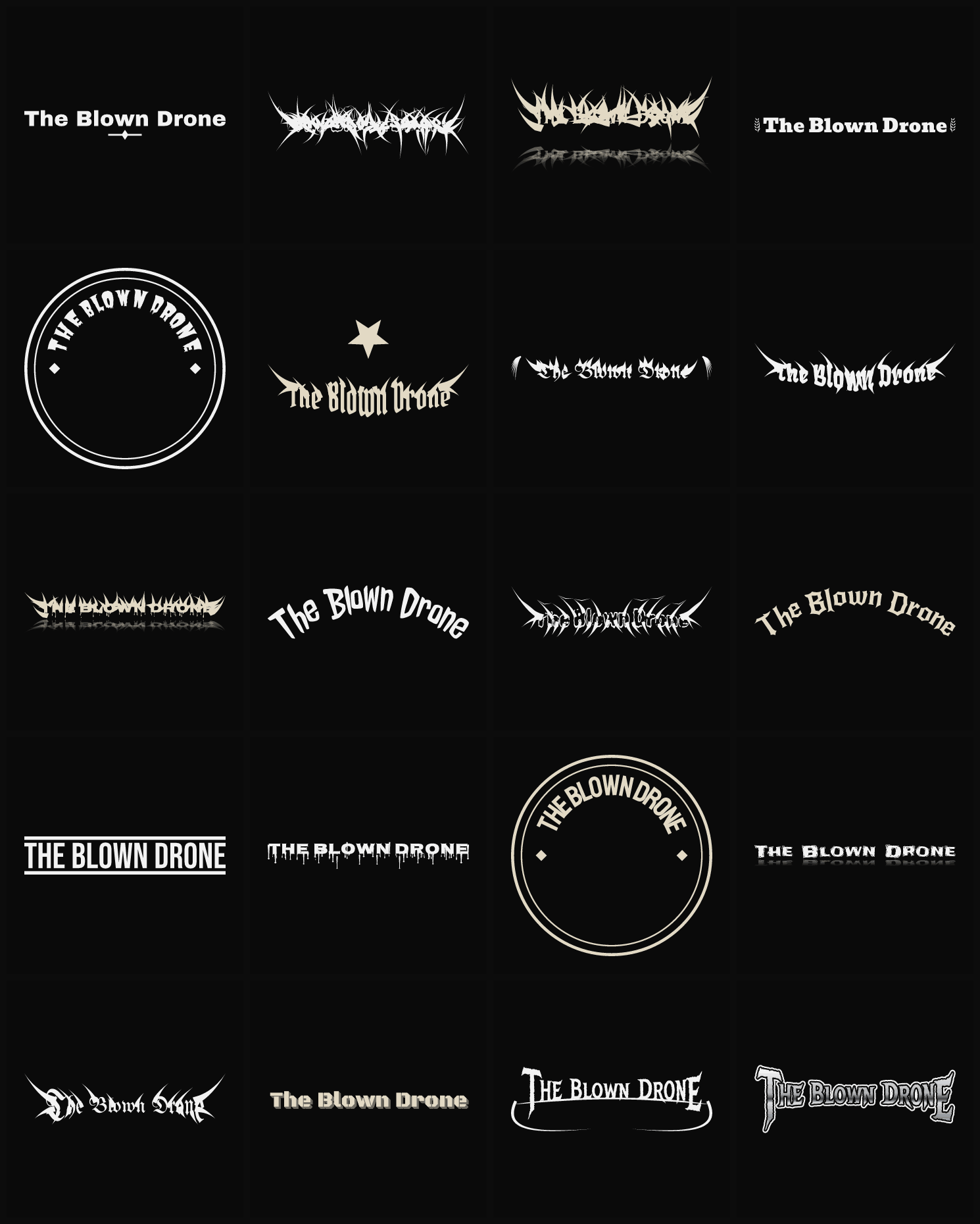 Twenty The Blown Drone band logo ideas — different faces, treatments and spike settings