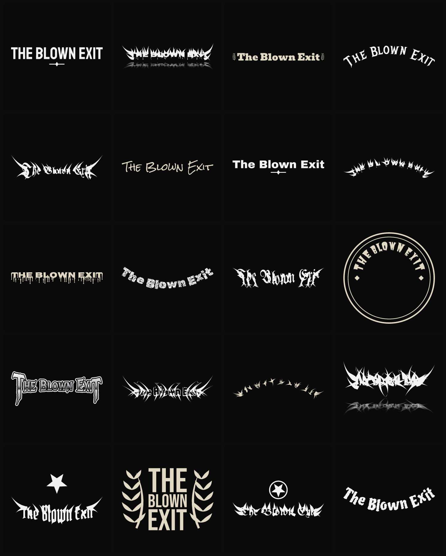 Twenty The Blown Exit band logo ideas — different faces, treatments and spike settings