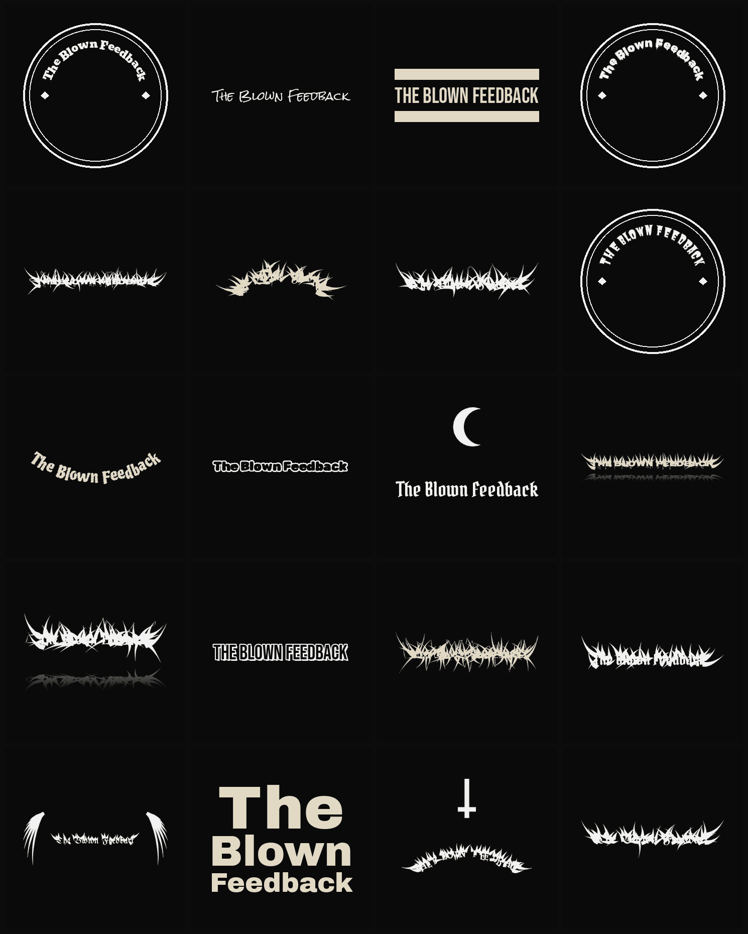 Twenty The Blown Feedback band logo ideas — different faces, treatments and spike settings