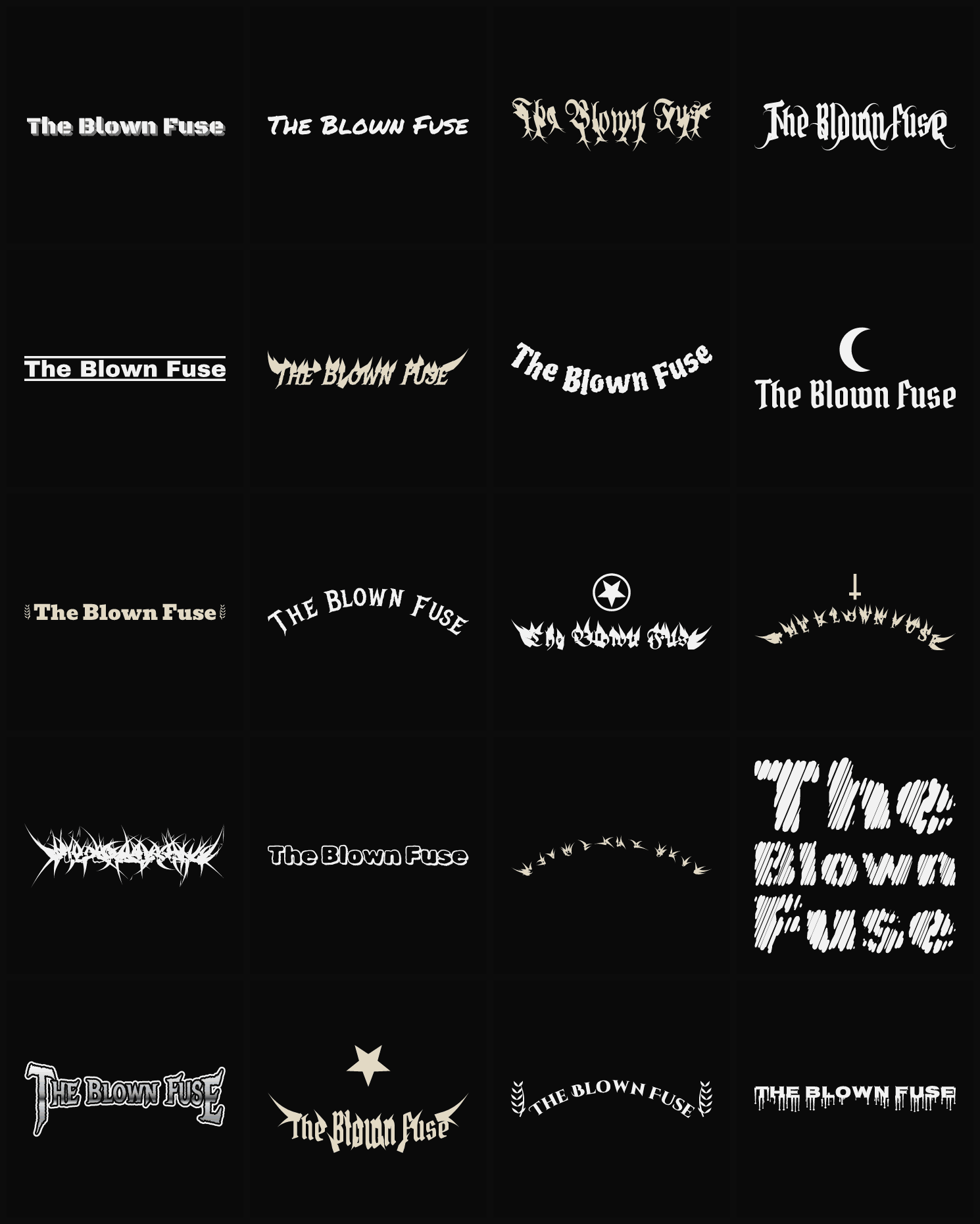 Twenty The Blown Fuse band logo ideas — different faces, treatments and spike settings