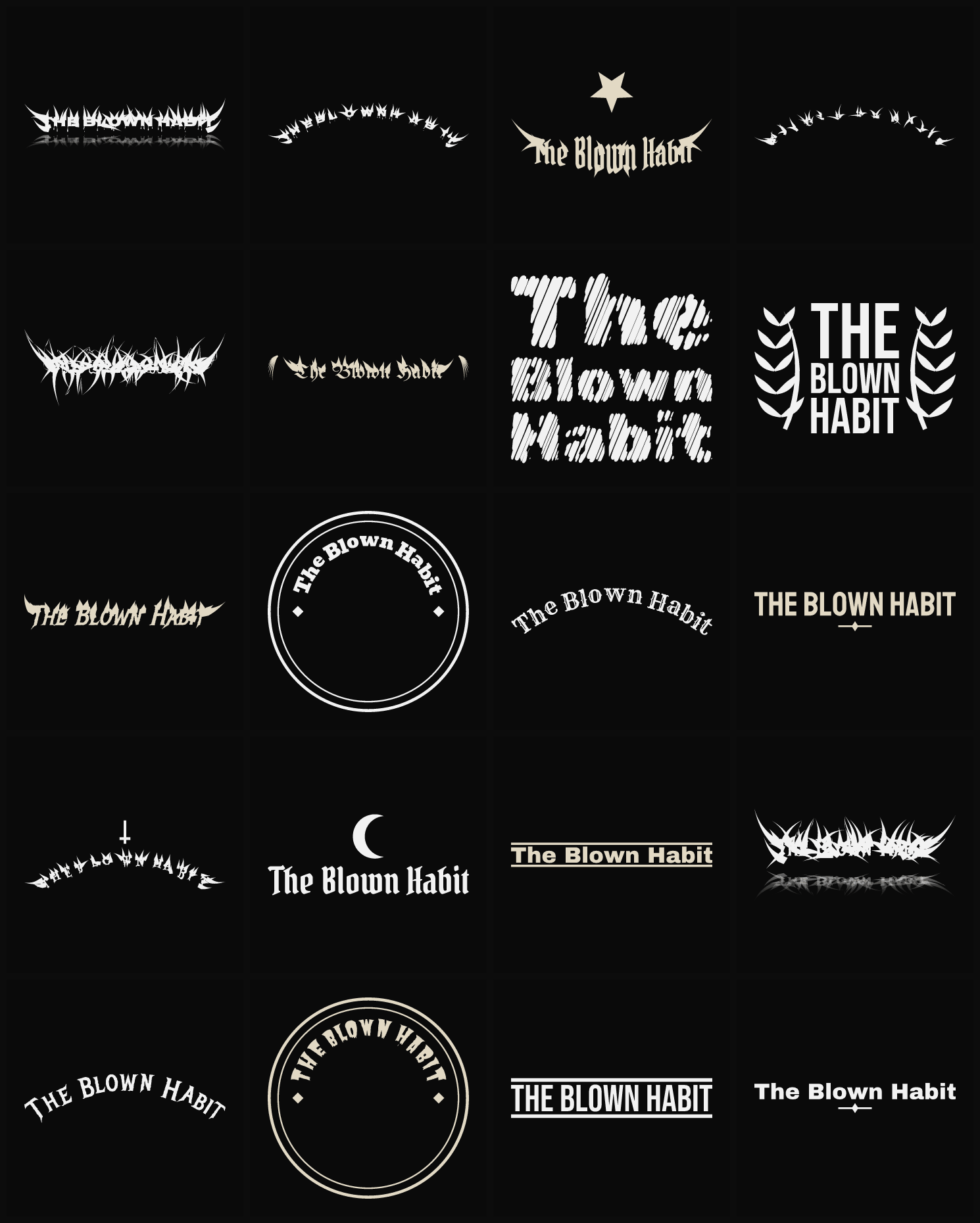 Twenty The Blown Habit band logo ideas — different faces, treatments and spike settings