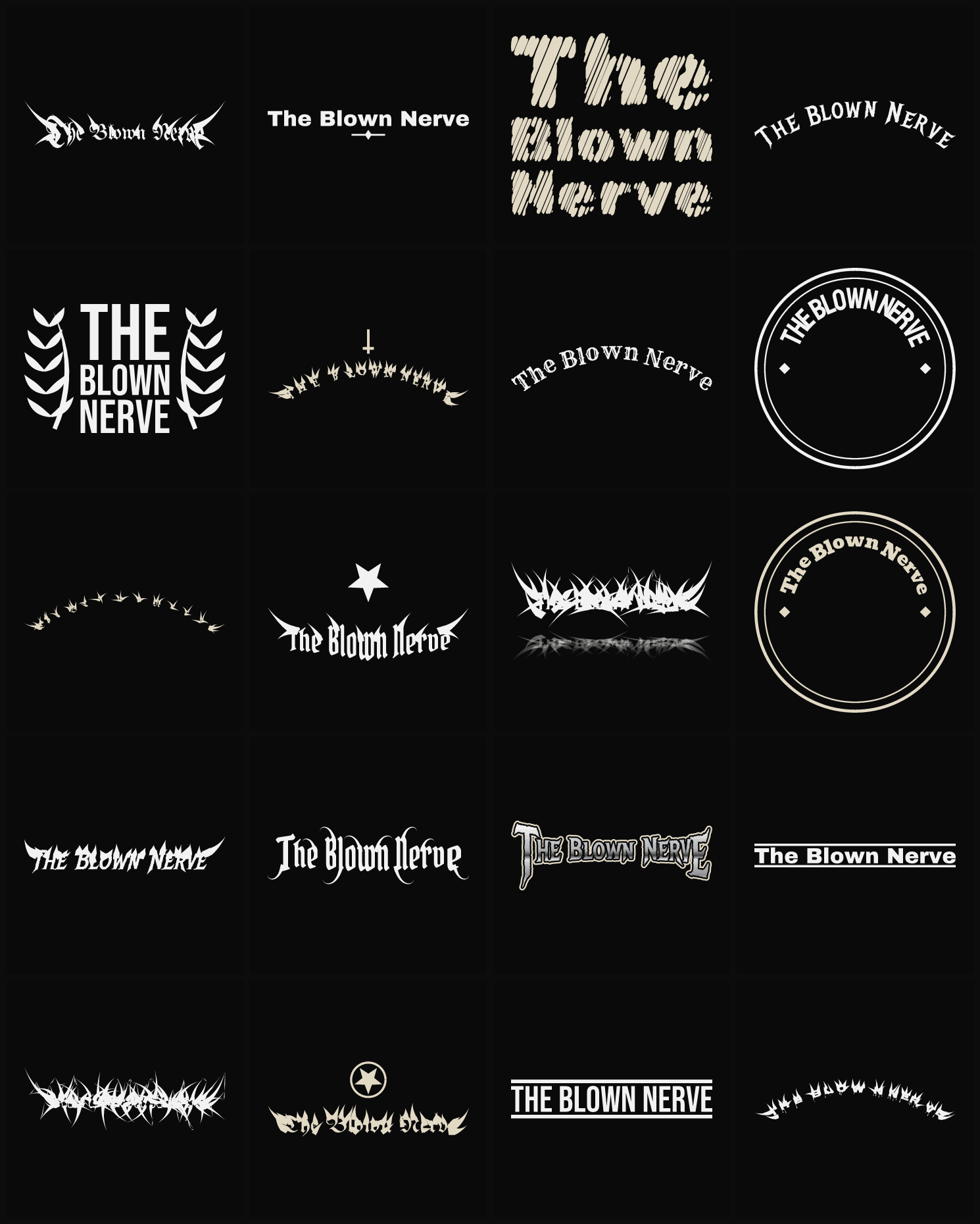 Twenty The Blown Nerve band logo ideas — different faces, treatments and spike settings