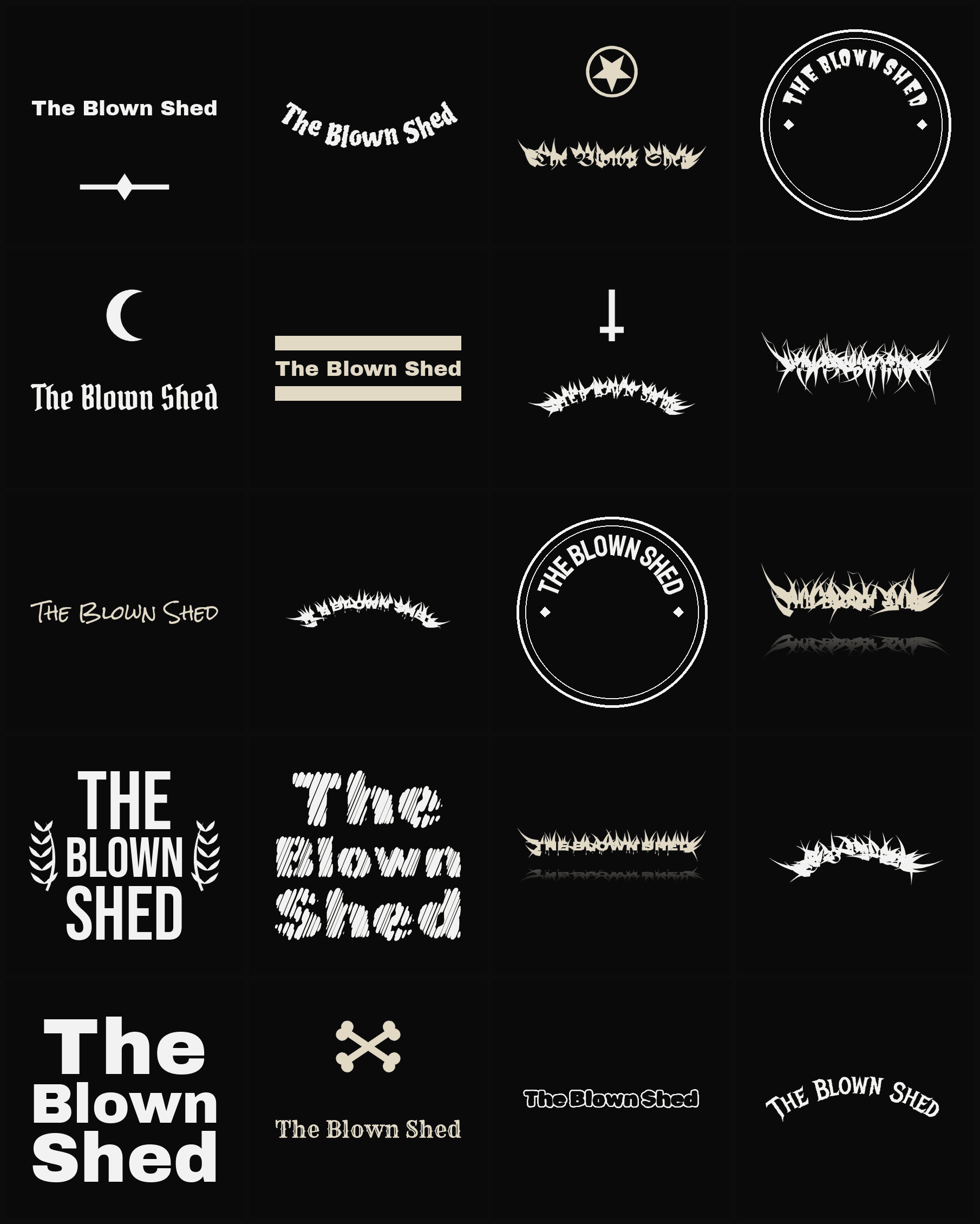 Twenty The Blown Shed band logo ideas — different faces, treatments and spike settings