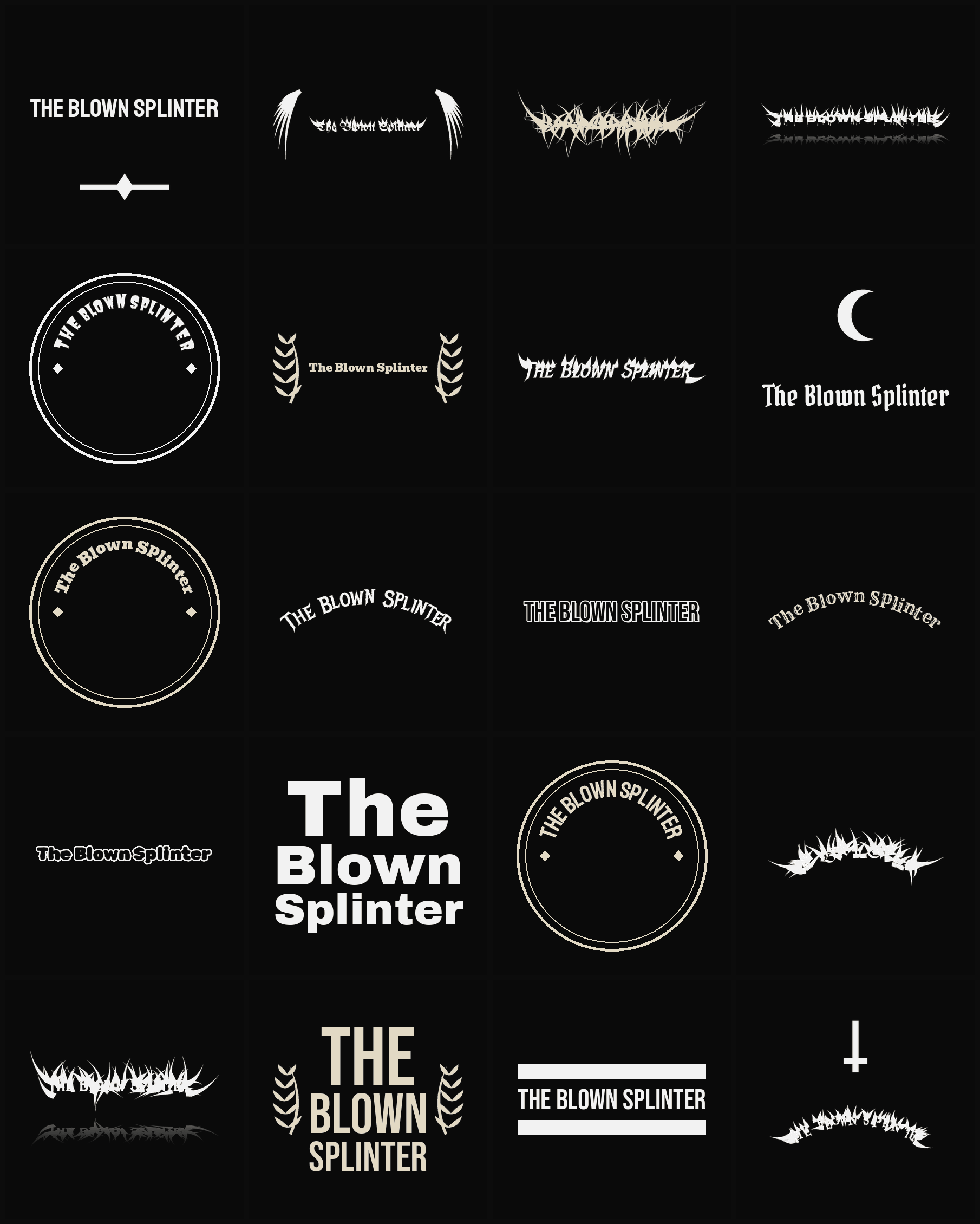 Twenty The Blown Splinter band logo ideas — different faces, treatments and spike settings