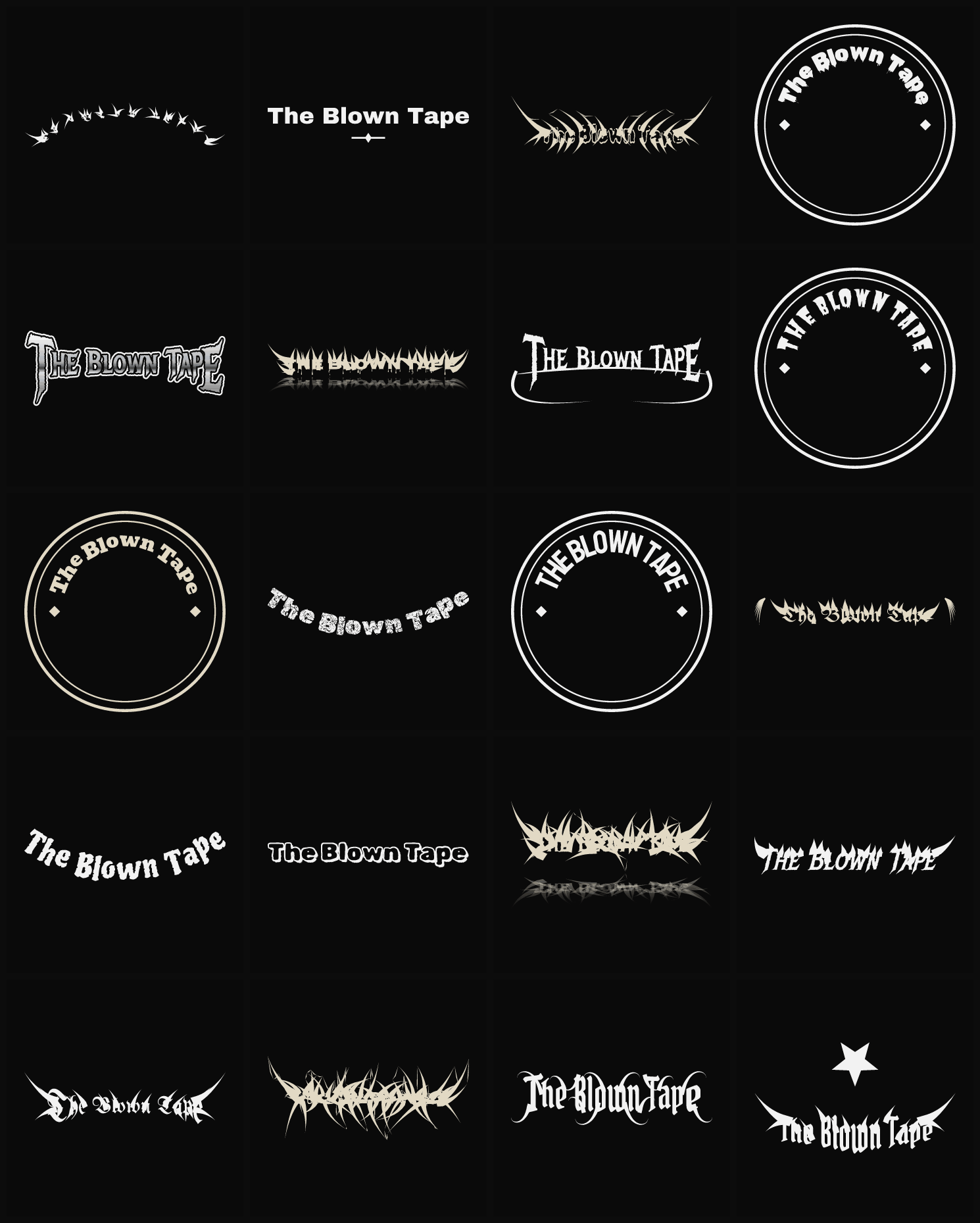 Twenty The Blown Tape band logo ideas — different faces, treatments and spike settings
