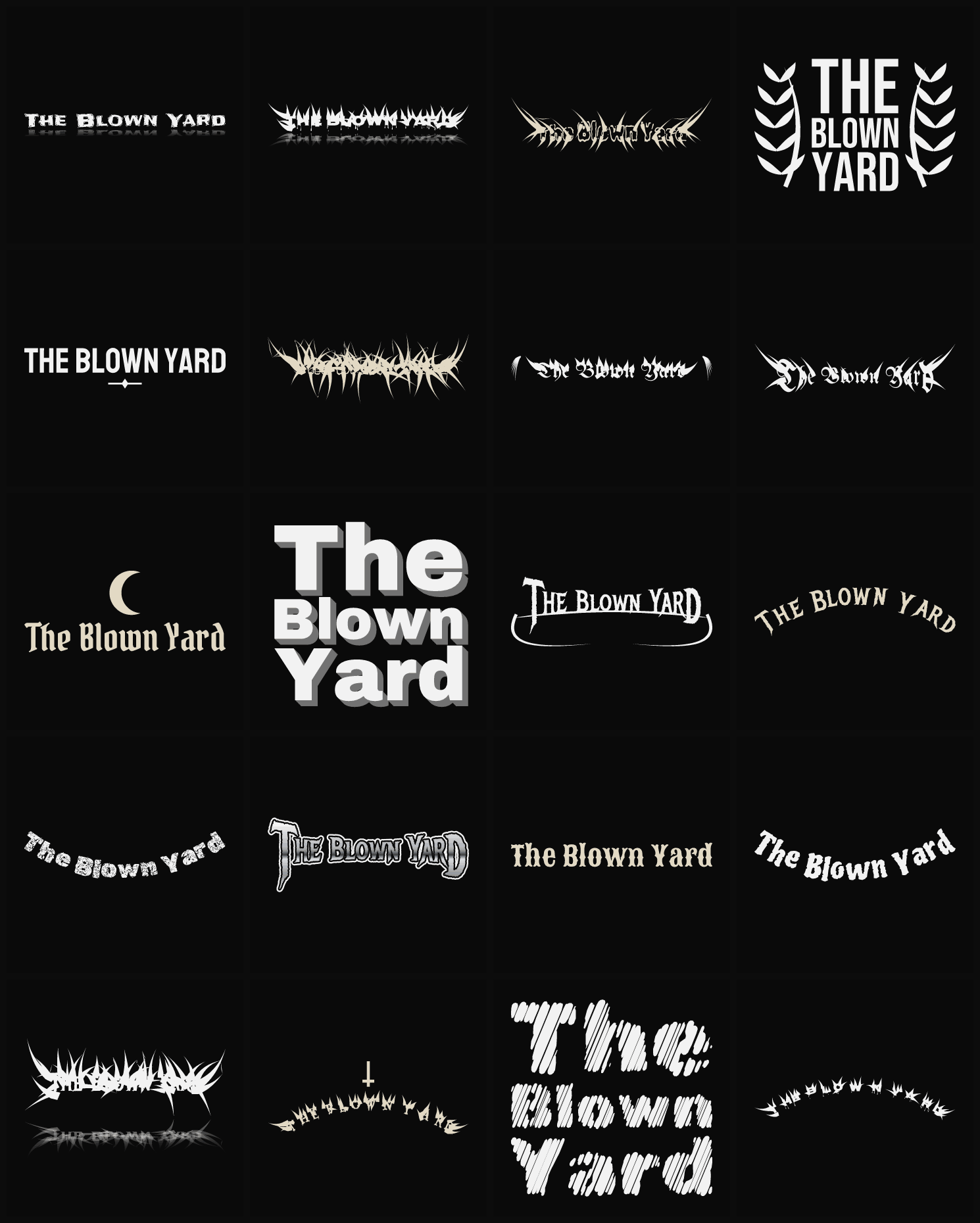 Twenty The Blown Yard band logo ideas — different faces, treatments and spike settings