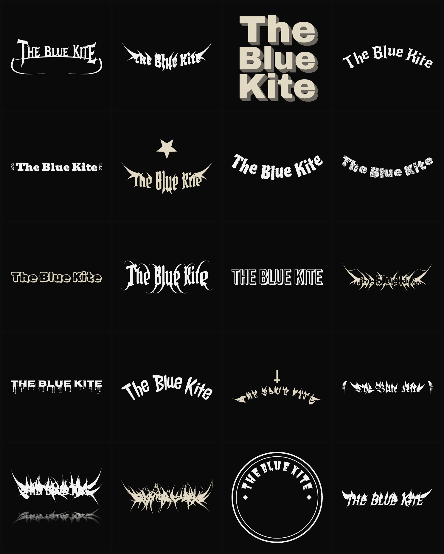 Twenty The Blue Kite band logo ideas — different faces, treatments and spike settings