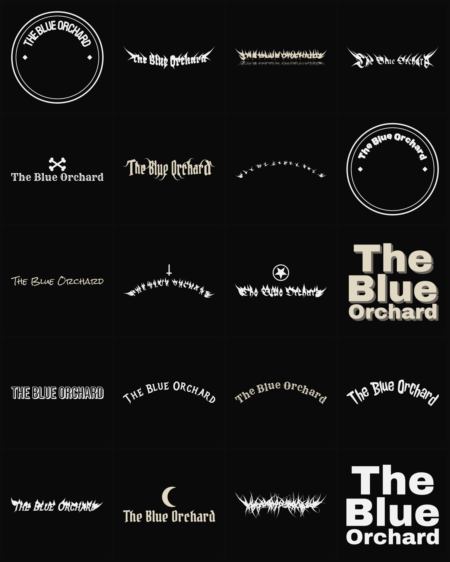 Twenty The Blue Orchard band logo ideas — different faces, treatments and spike settings