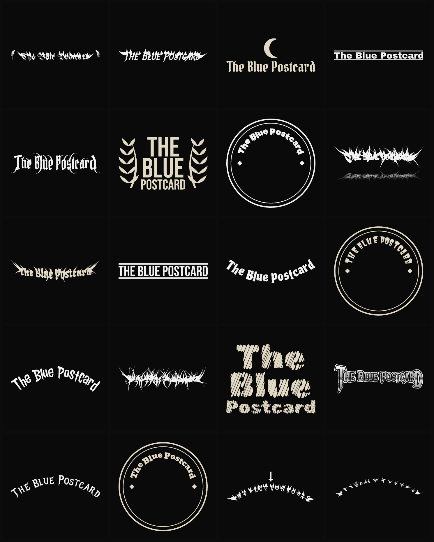 Twenty The Blue Postcard band logo ideas — different faces, treatments and spike settings