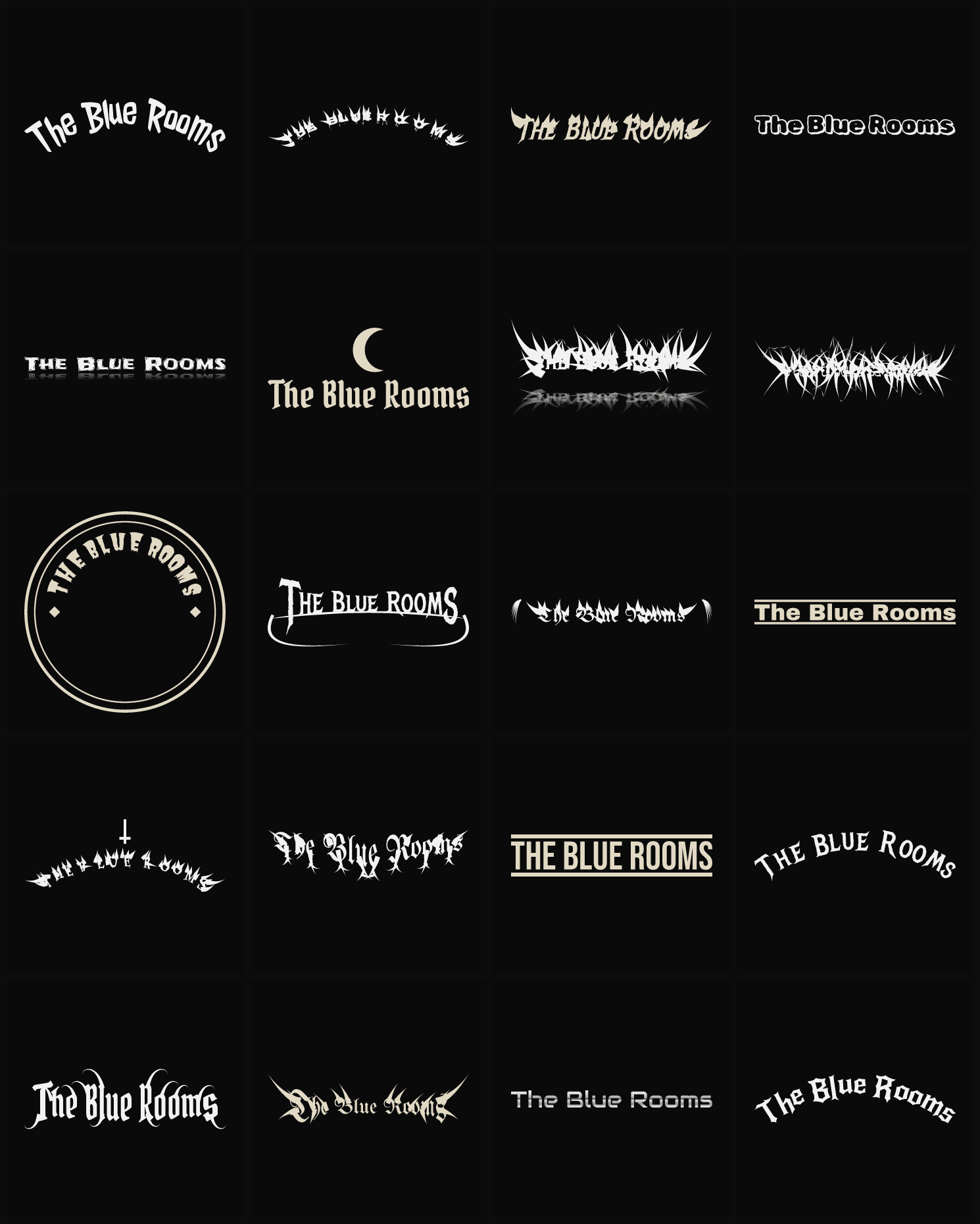 Twenty The Blue Rooms band logo ideas — different faces, treatments and spike settings