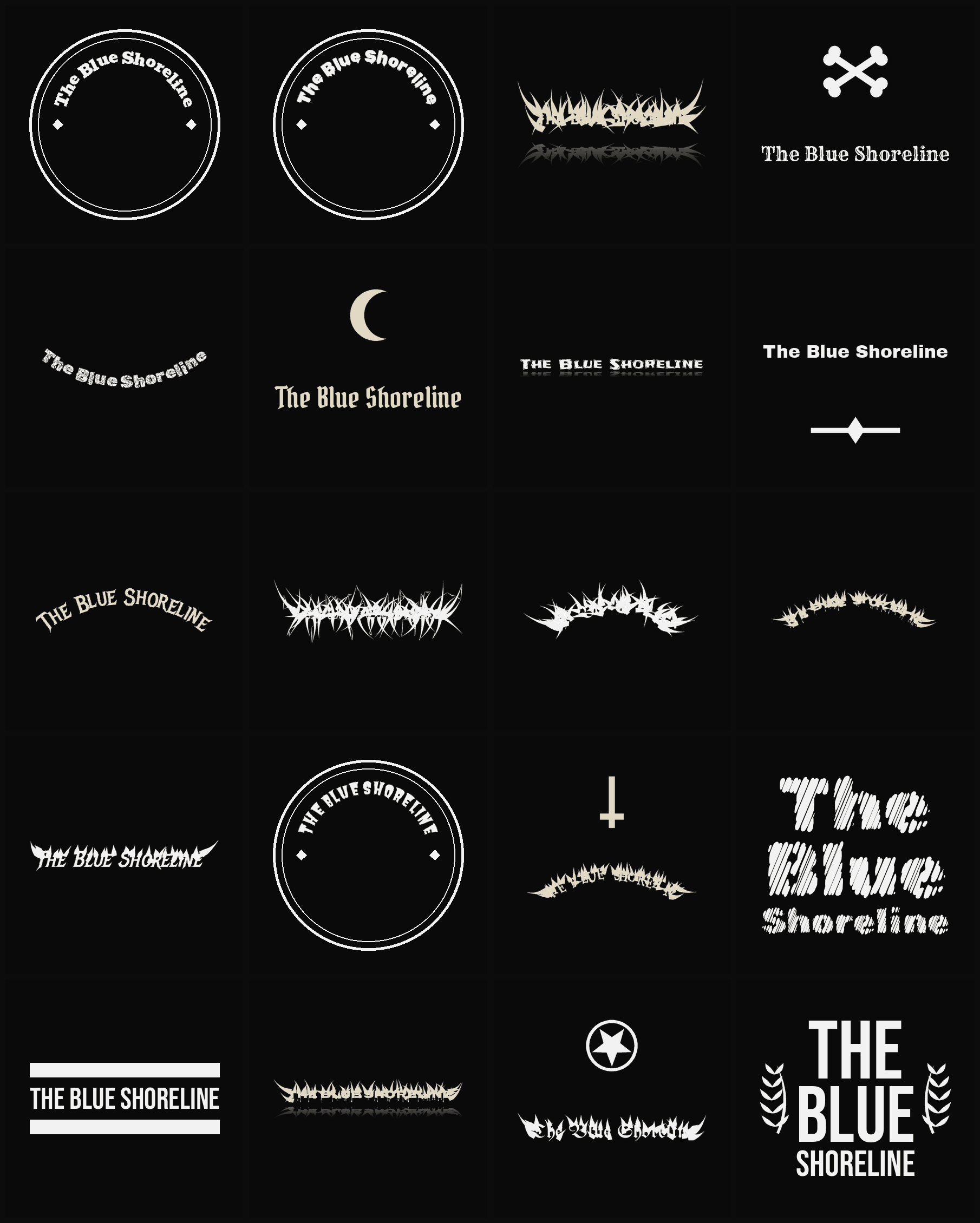 Twenty The Blue Shoreline band logo ideas — different faces, treatments and spike settings