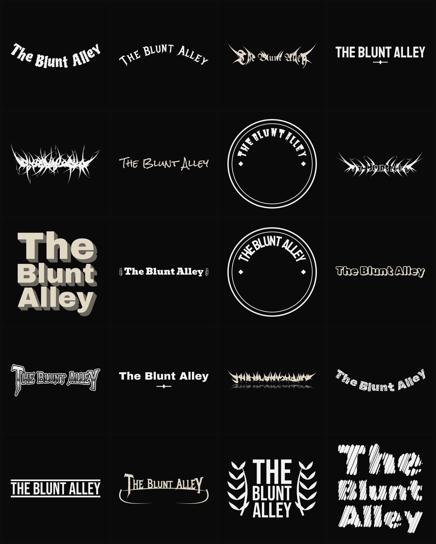 Twenty The Blunt Alley band logo ideas — different faces, treatments and spike settings