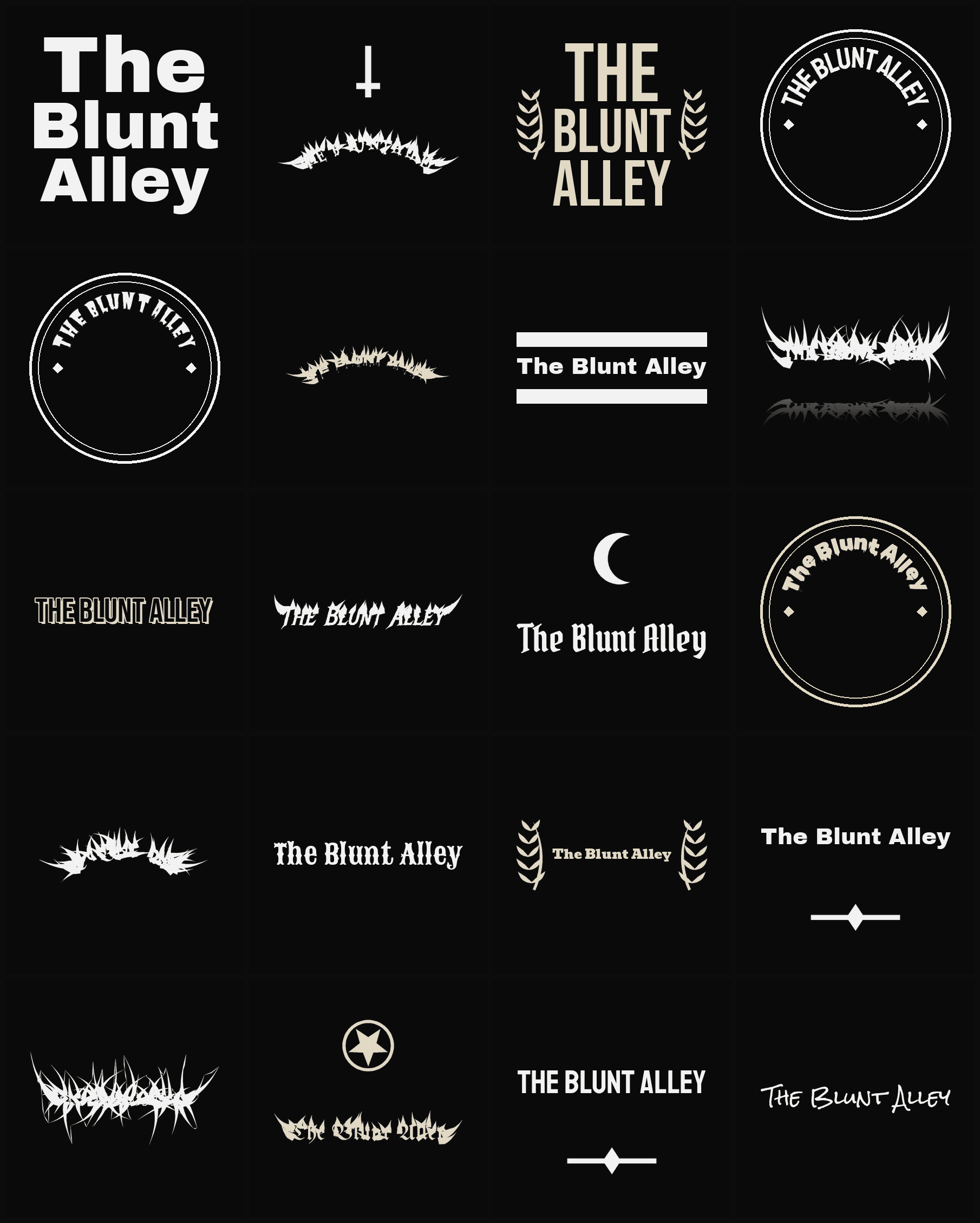 Twenty The Blunt Alley band logo ideas — different faces, treatments and spike settings