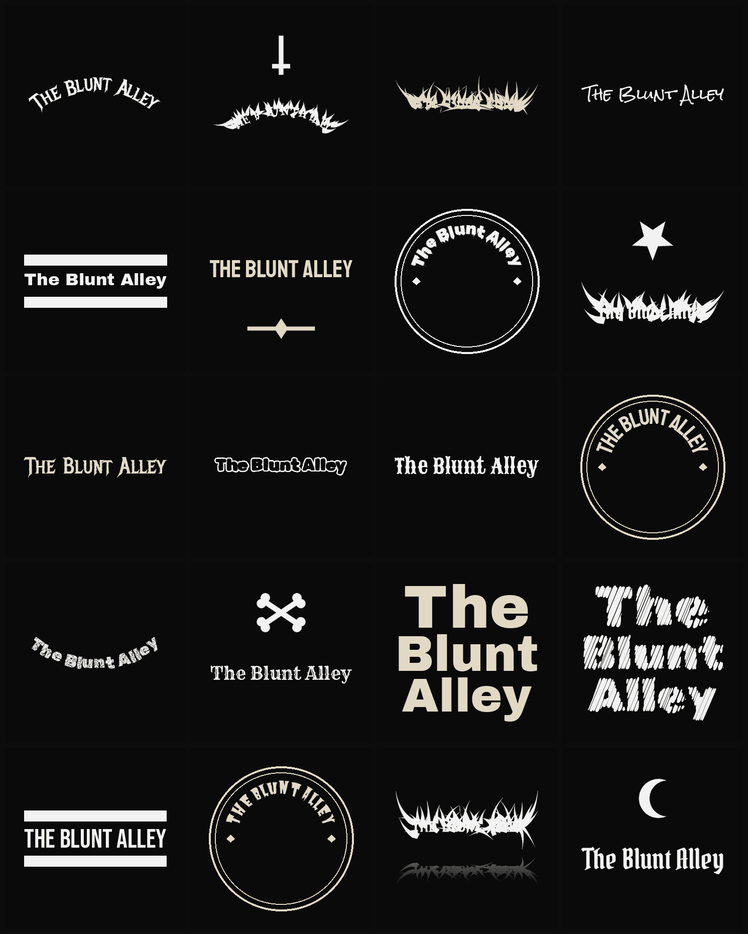 Twenty The Blunt Alley band logo ideas — different faces, treatments and spike settings