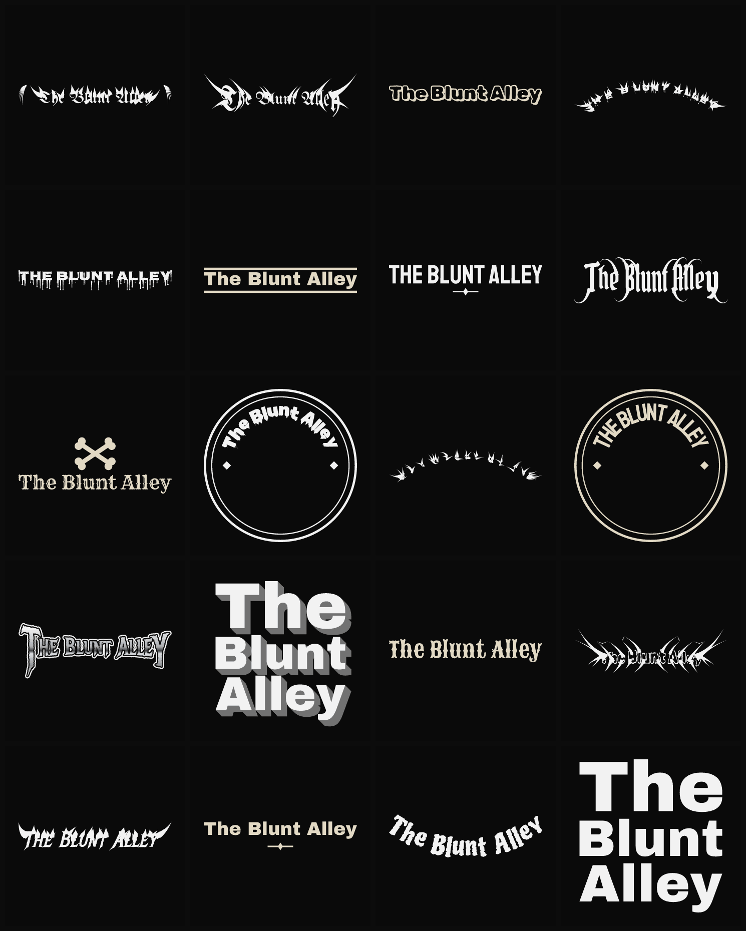 Twenty The Blunt Alley band logo ideas — different faces, treatments and spike settings