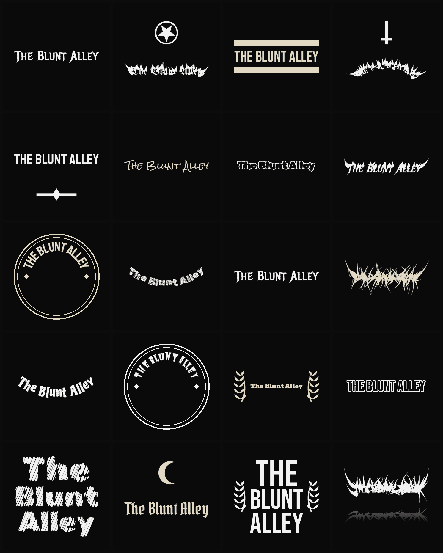 Twenty The Blunt Alley band logo ideas — different faces, treatments and spike settings