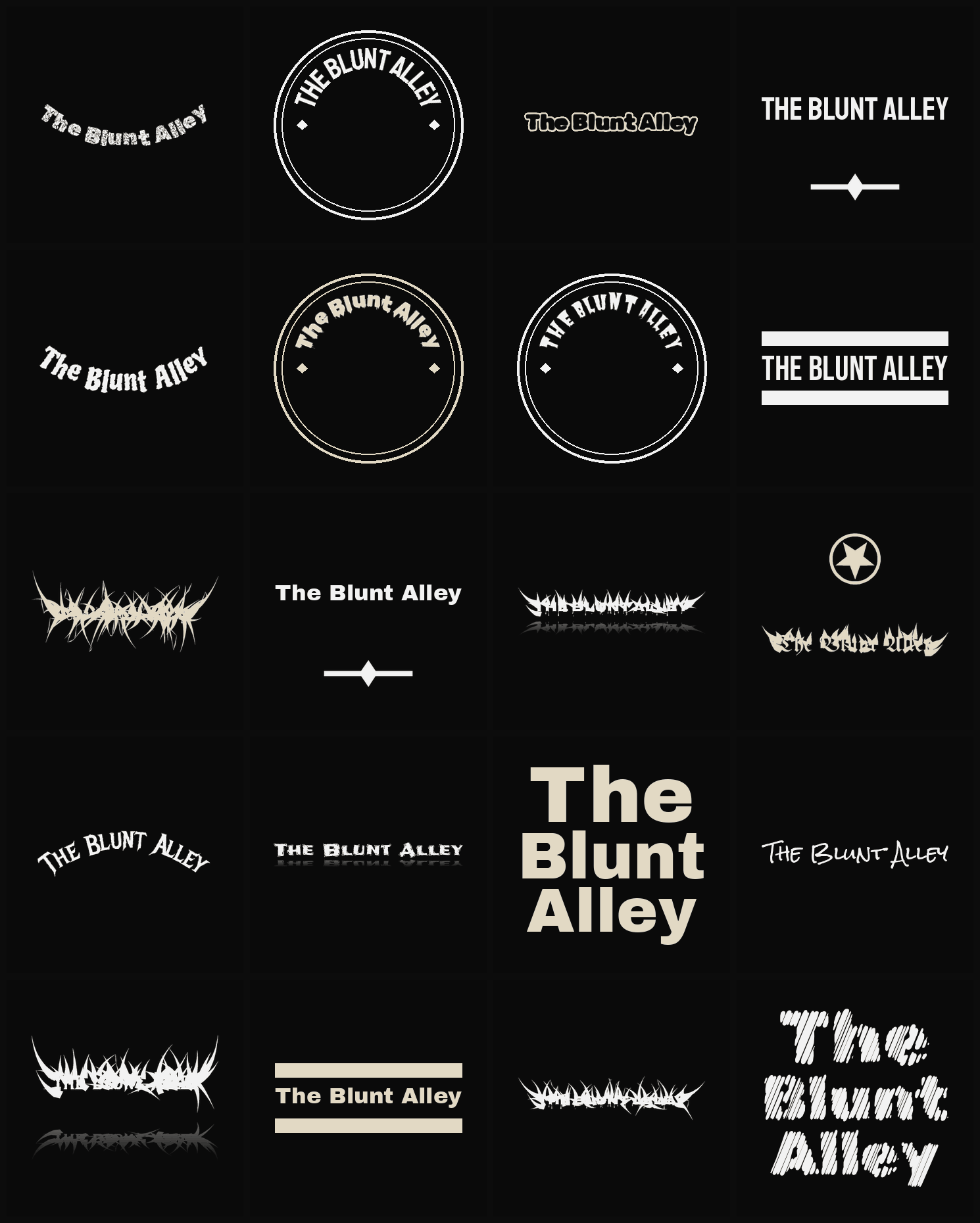 Twenty The Blunt Alley band logo ideas — different faces, treatments and spike settings