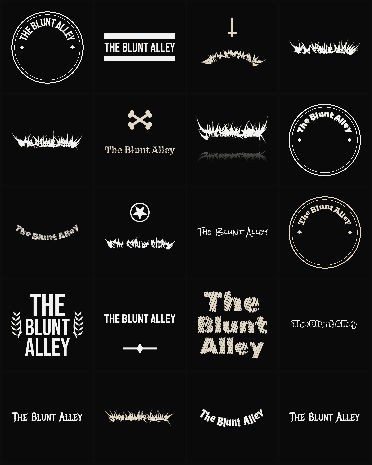 Twenty The Blunt Alley band logo ideas — different faces, treatments and spike settings