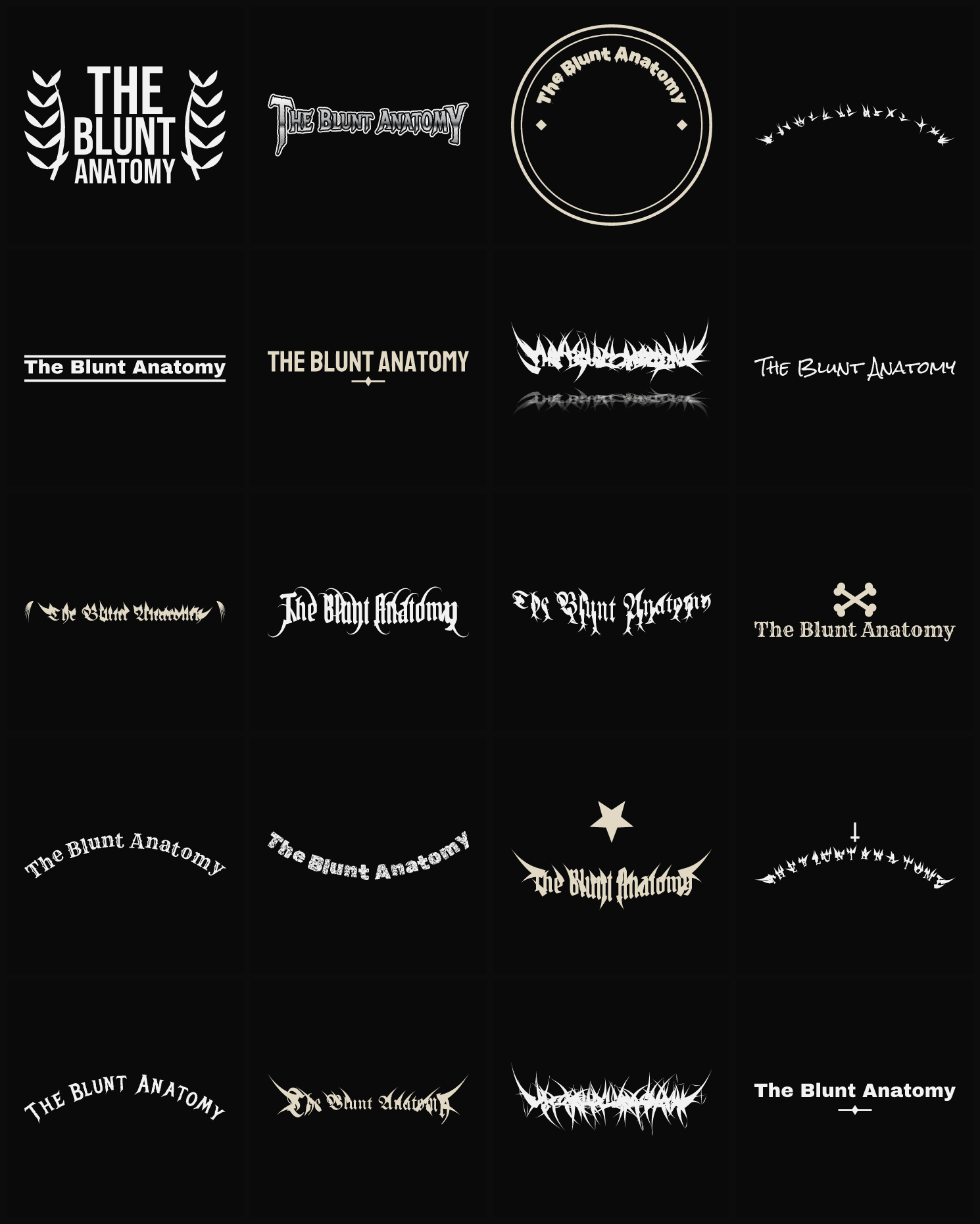 Twenty The Blunt Anatomy band logo ideas — different faces, treatments and spike settings