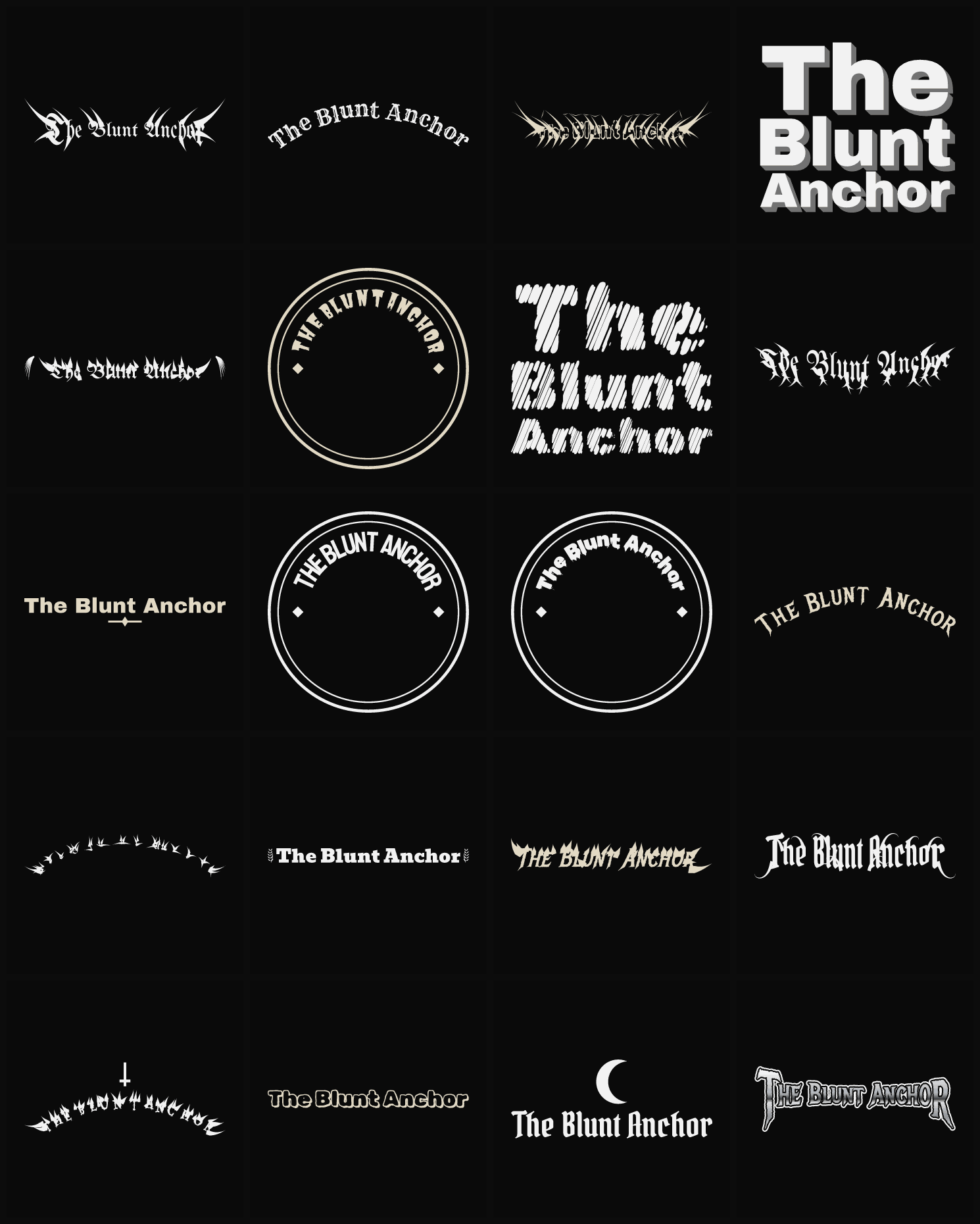 Twenty The Blunt Anchor band logo ideas — different faces, treatments and spike settings