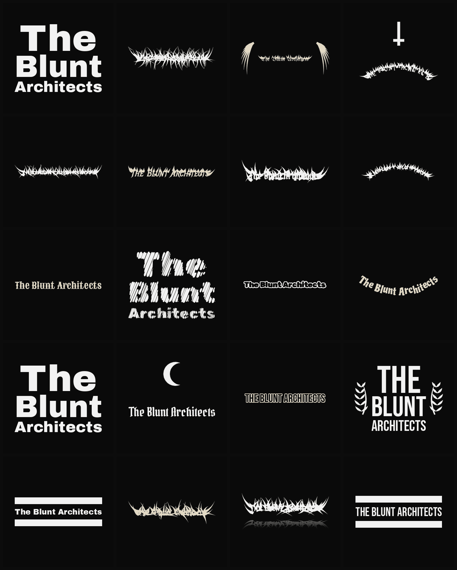 Twenty The Blunt Architects band logo ideas — different faces, treatments and spike settings