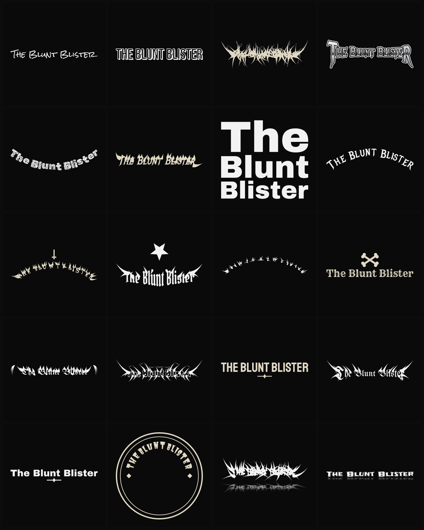 Twenty The Blunt Blister band logo ideas — different faces, treatments and spike settings