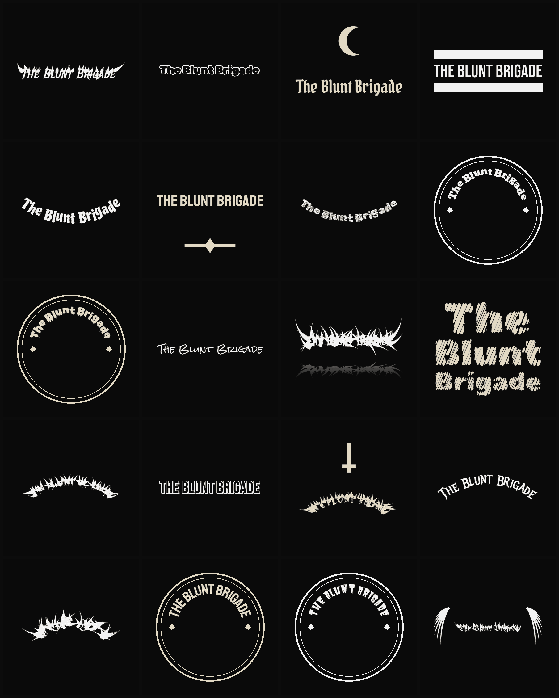 Twenty The Blunt Brigade band logo ideas — different faces, treatments and spike settings