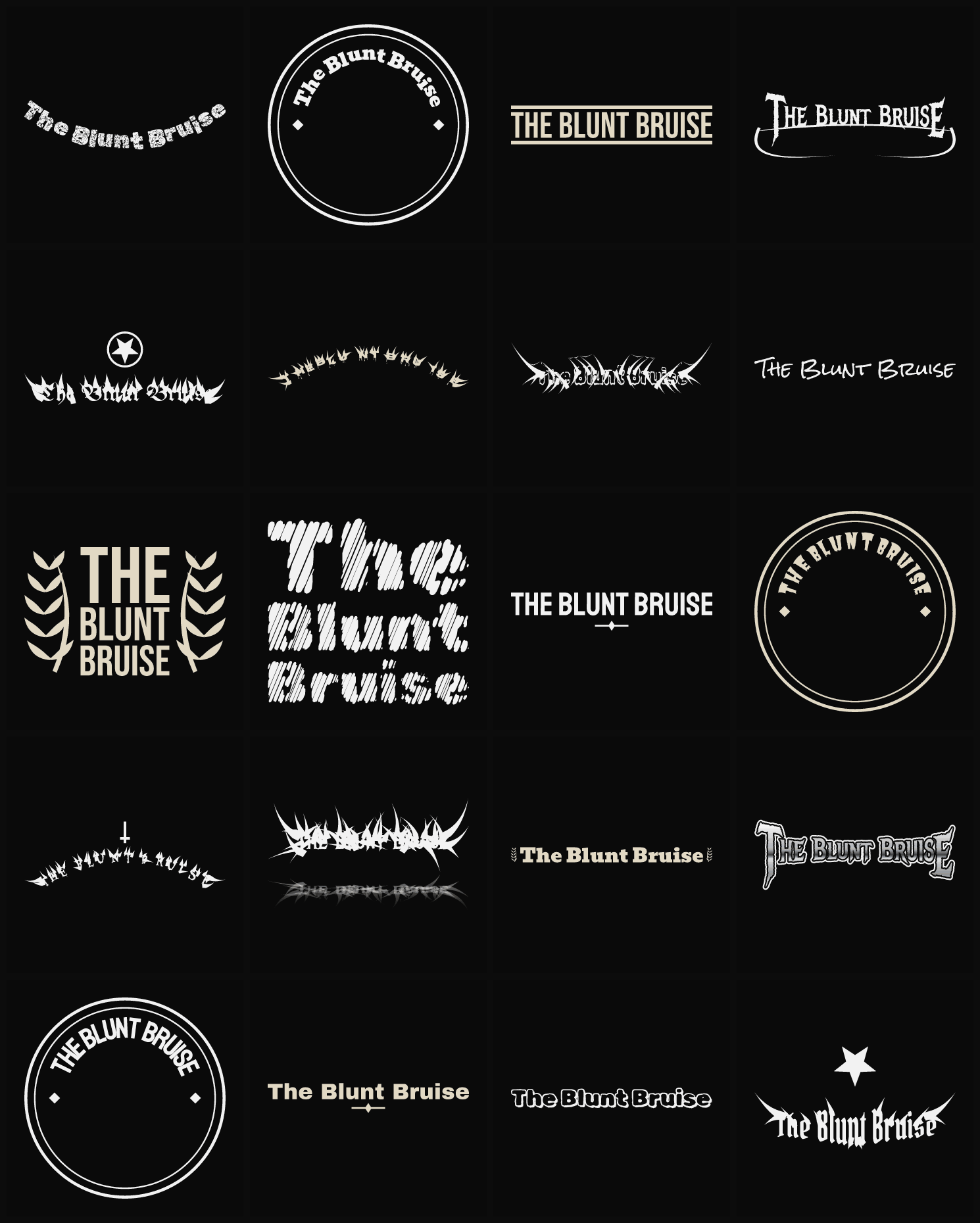 Twenty The Blunt Bruise band logo ideas — different faces, treatments and spike settings