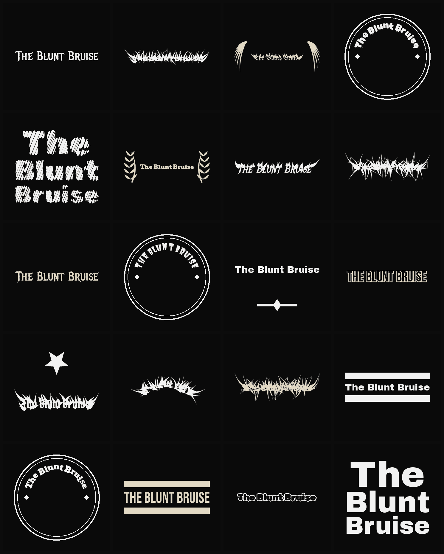 Twenty The Blunt Bruise band logo ideas — different faces, treatments and spike settings