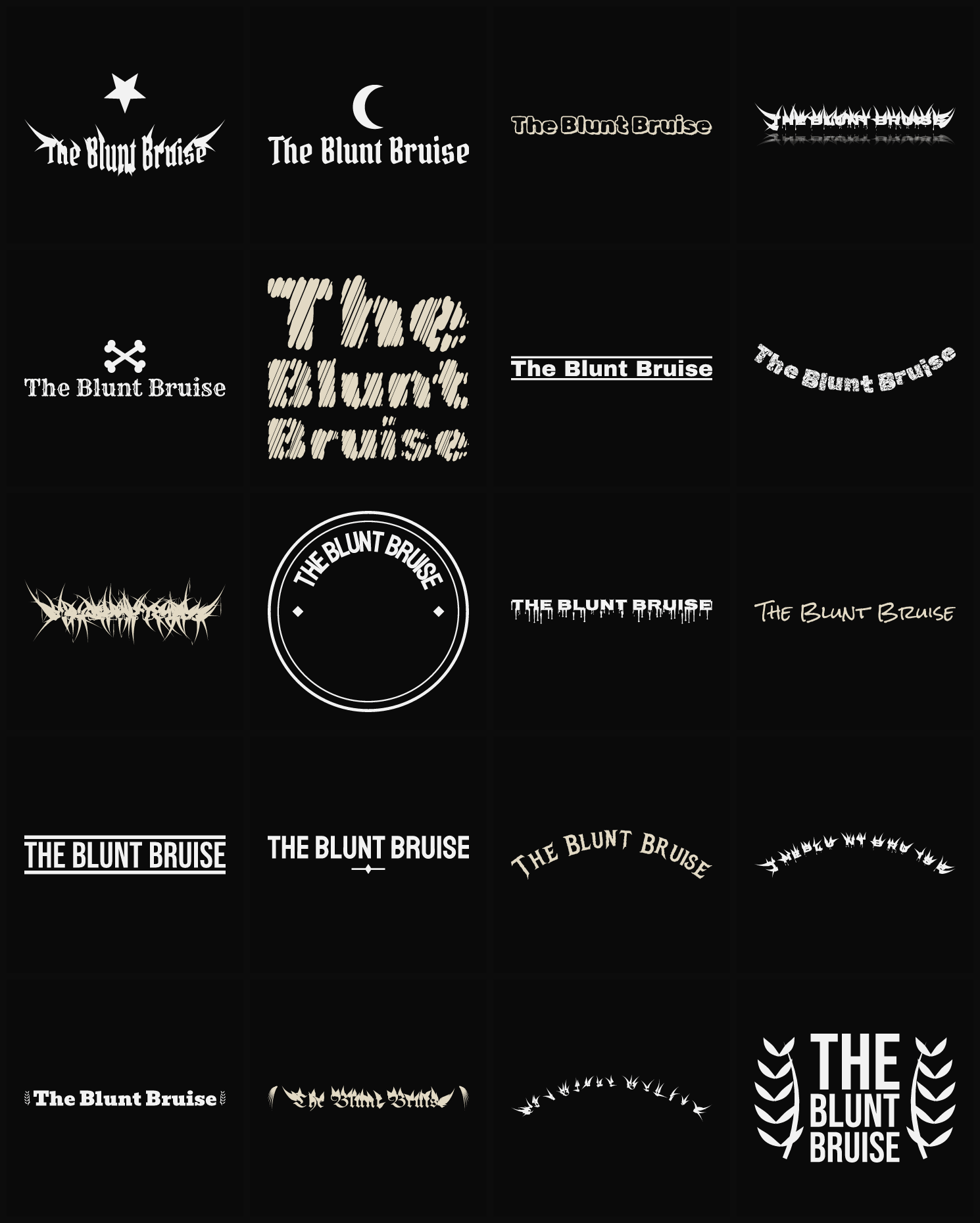 Twenty The Blunt Bruise band logo ideas — different faces, treatments and spike settings