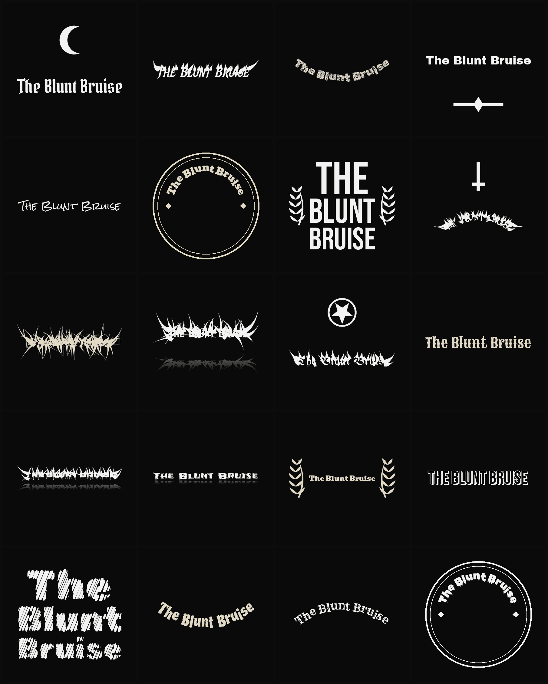 Twenty The Blunt Bruise band logo ideas — different faces, treatments and spike settings