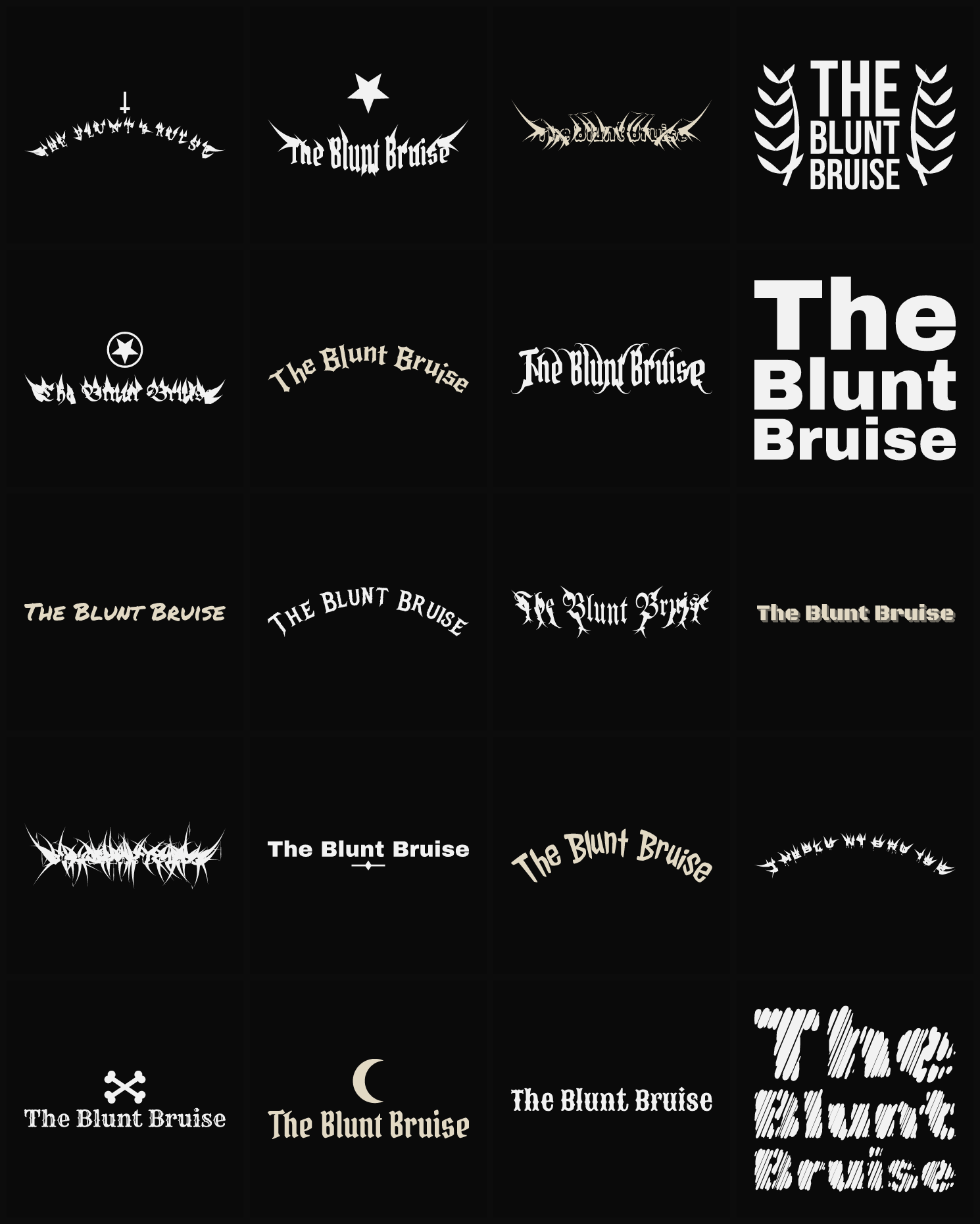 Twenty The Blunt Bruise band logo ideas — different faces, treatments and spike settings