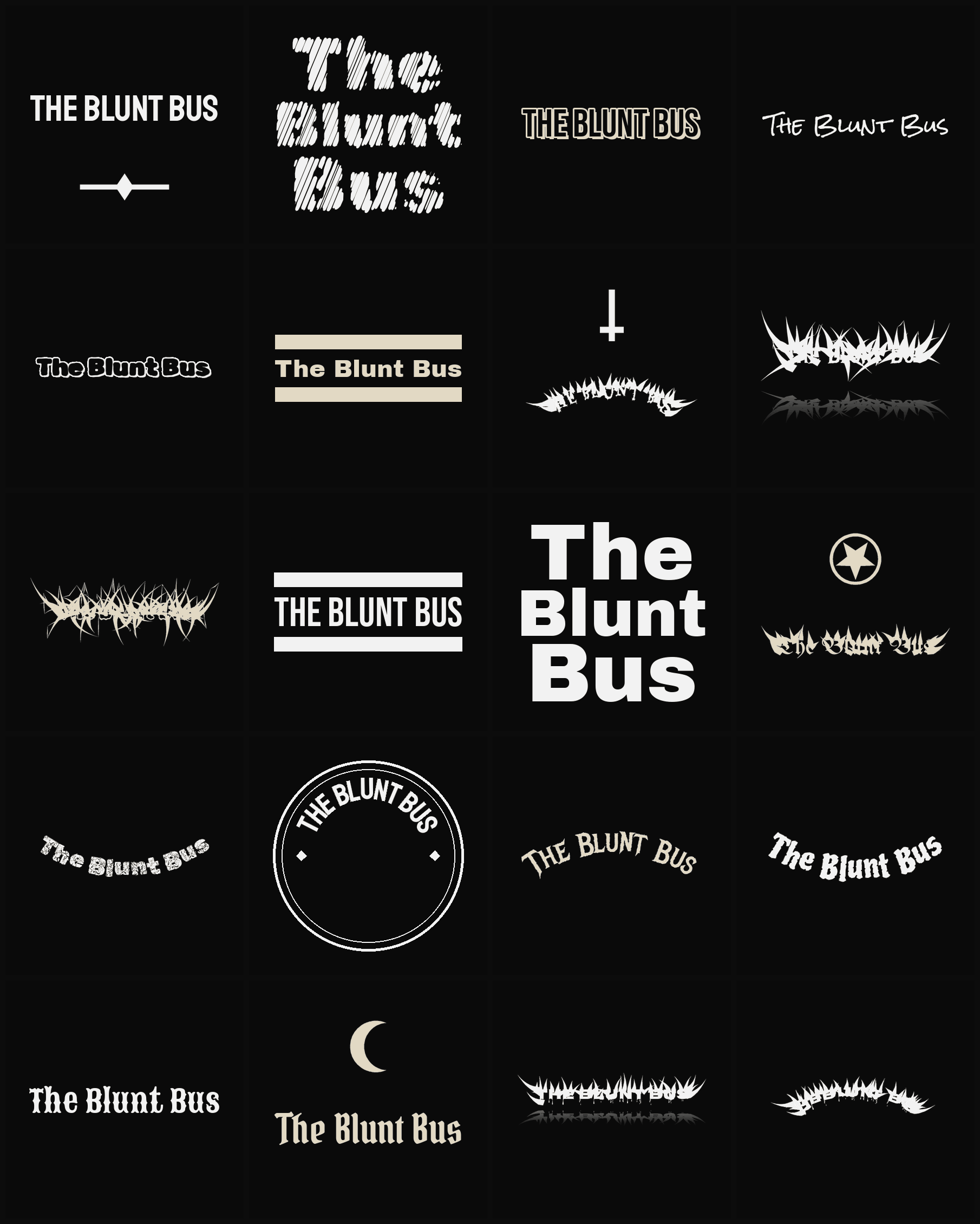 Twenty The Blunt Bus band logo ideas — different faces, treatments and spike settings