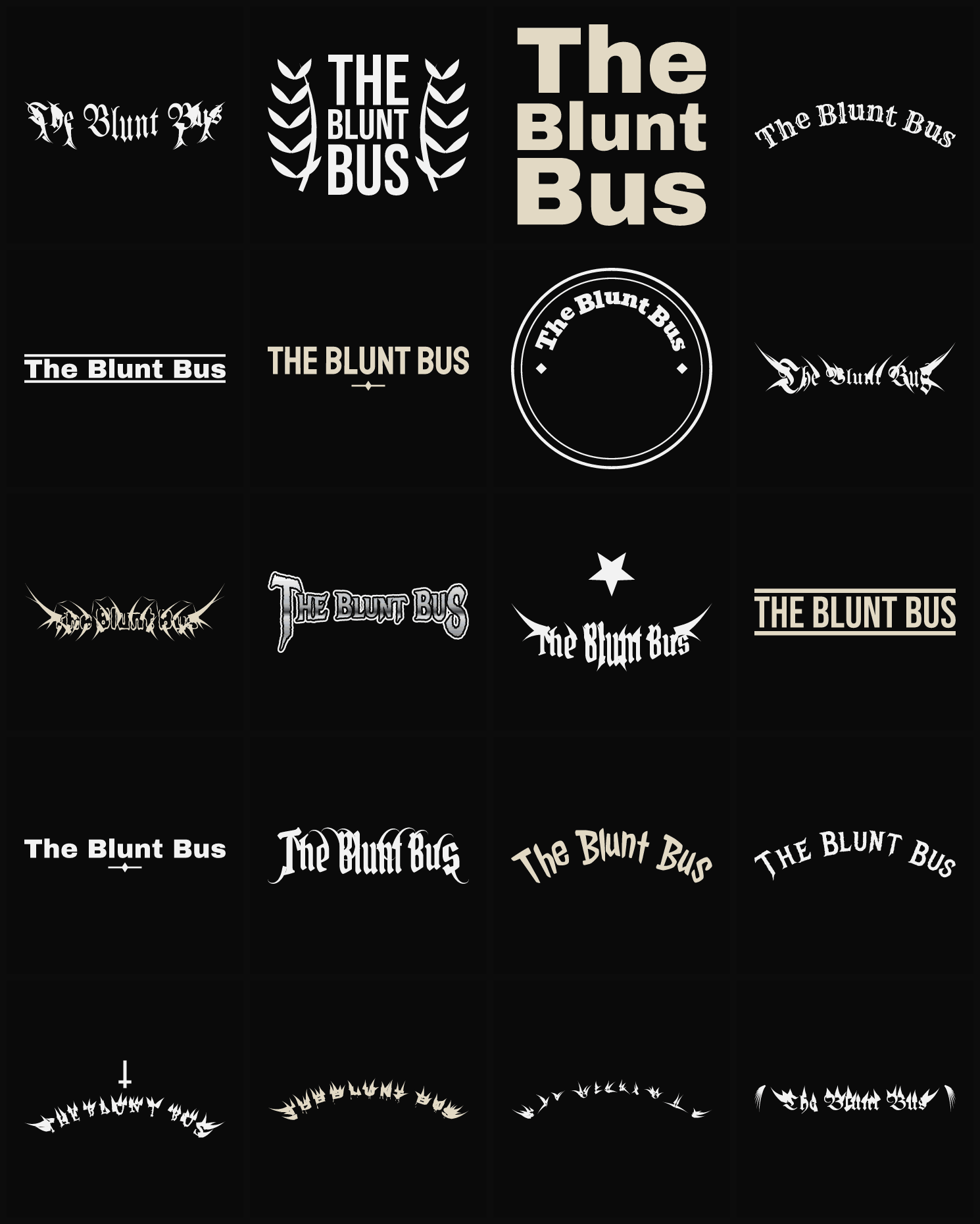 Twenty The Blunt Bus band logo ideas — different faces, treatments and spike settings