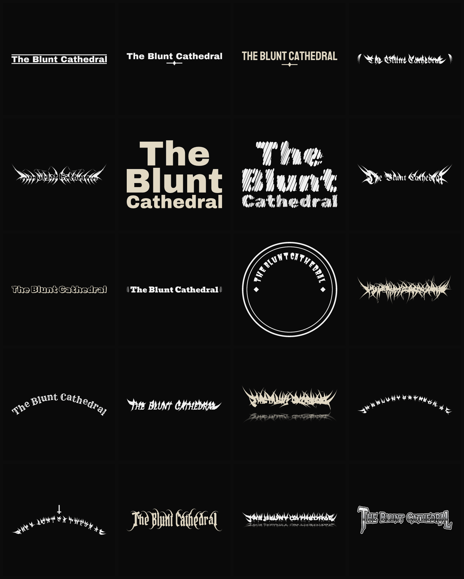 Twenty The Blunt Cathedral band logo ideas — different faces, treatments and spike settings