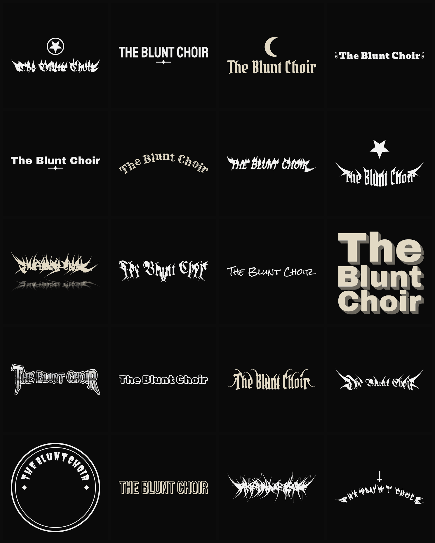 Twenty The Blunt Choir band logo ideas — different faces, treatments and spike settings