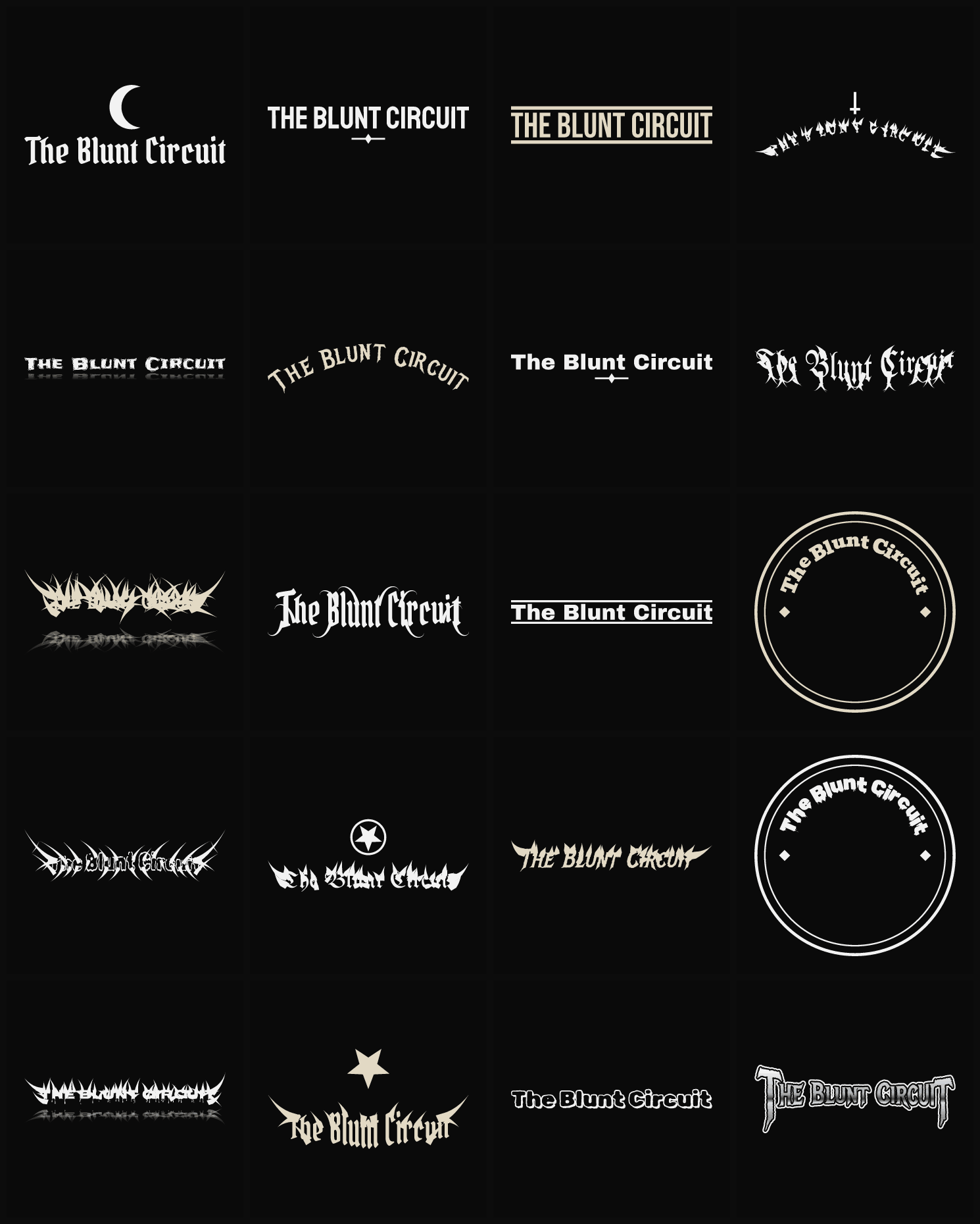 Twenty The Blunt Circuit band logo ideas — different faces, treatments and spike settings