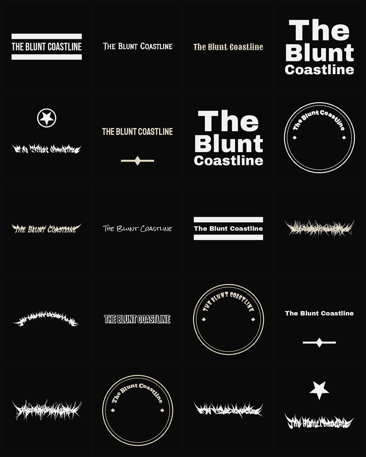 Twenty The Blunt Coastline band logo ideas — different faces, treatments and spike settings