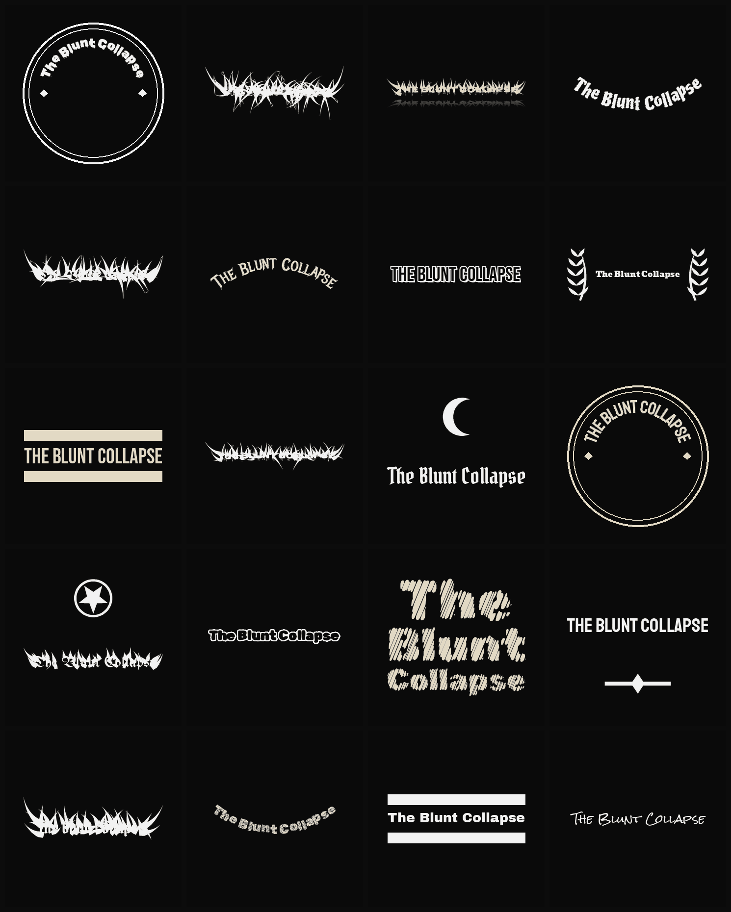 Twenty The Blunt Collapse band logo ideas — different faces, treatments and spike settings