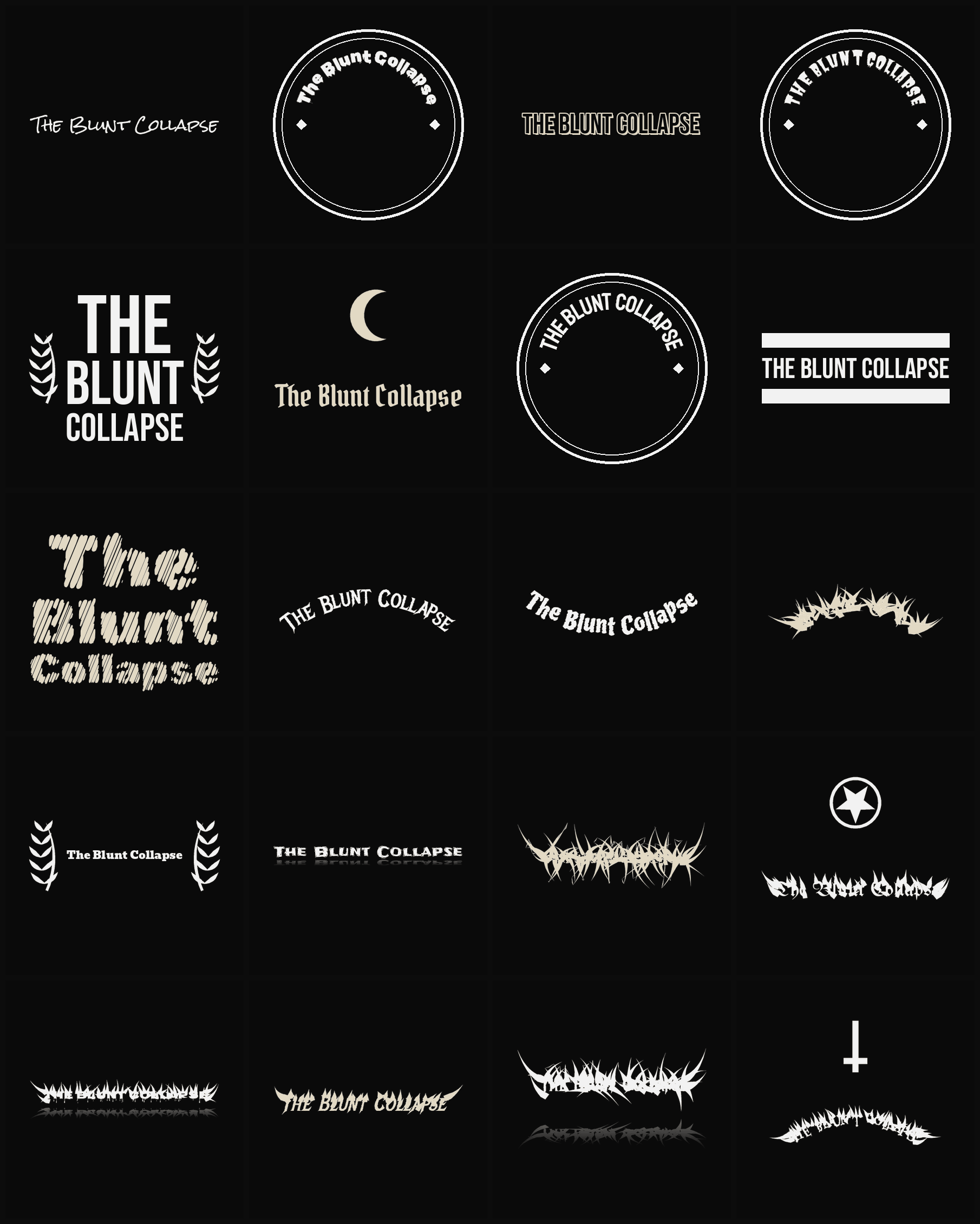 Twenty The Blunt Collapse band logo ideas — different faces, treatments and spike settings
