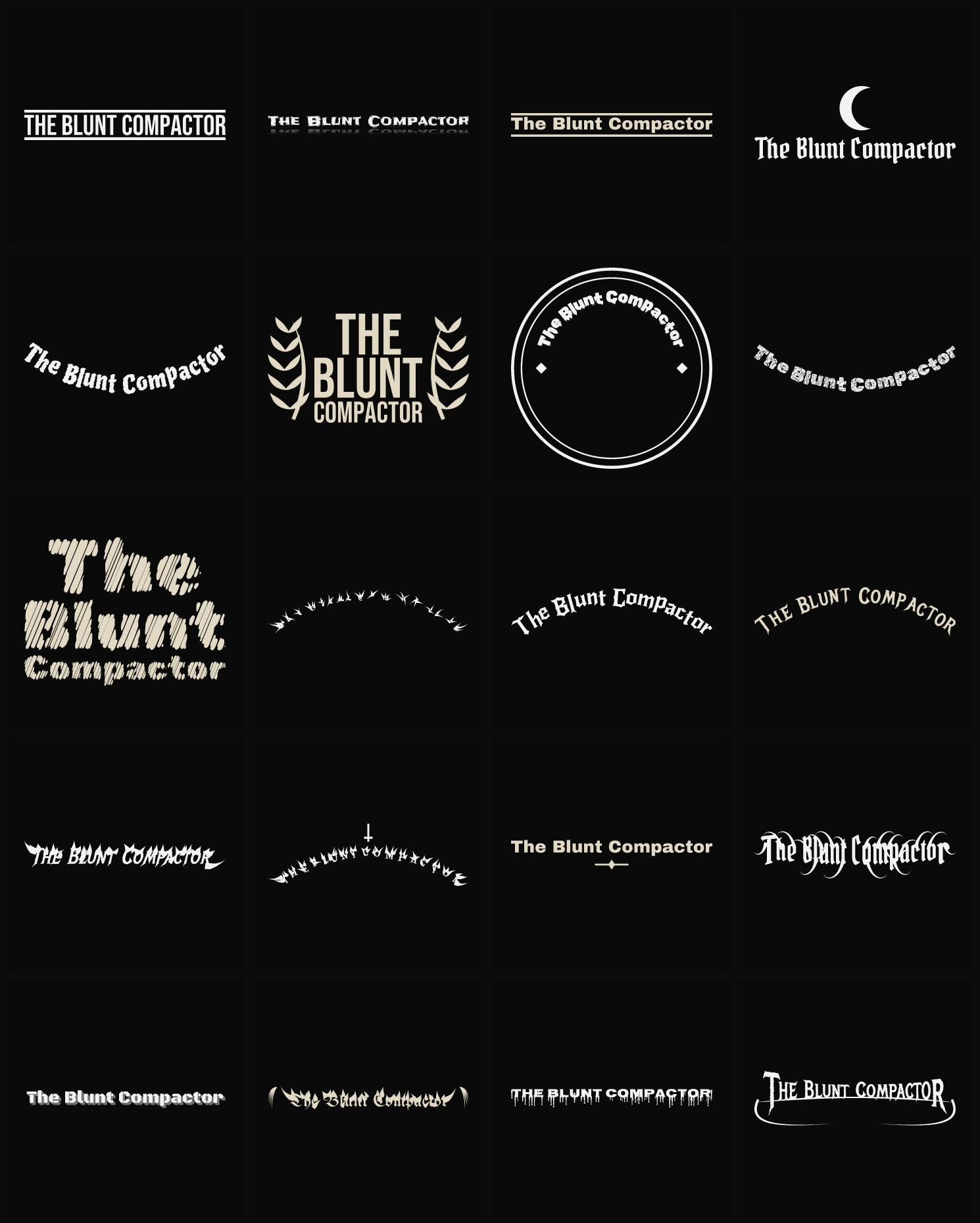 Twenty The Blunt Compactor band logo ideas — different faces, treatments and spike settings