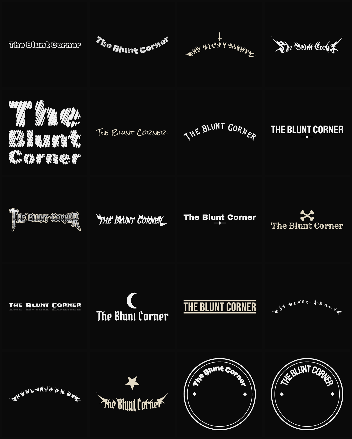 Twenty The Blunt Corner band logo ideas — different faces, treatments and spike settings