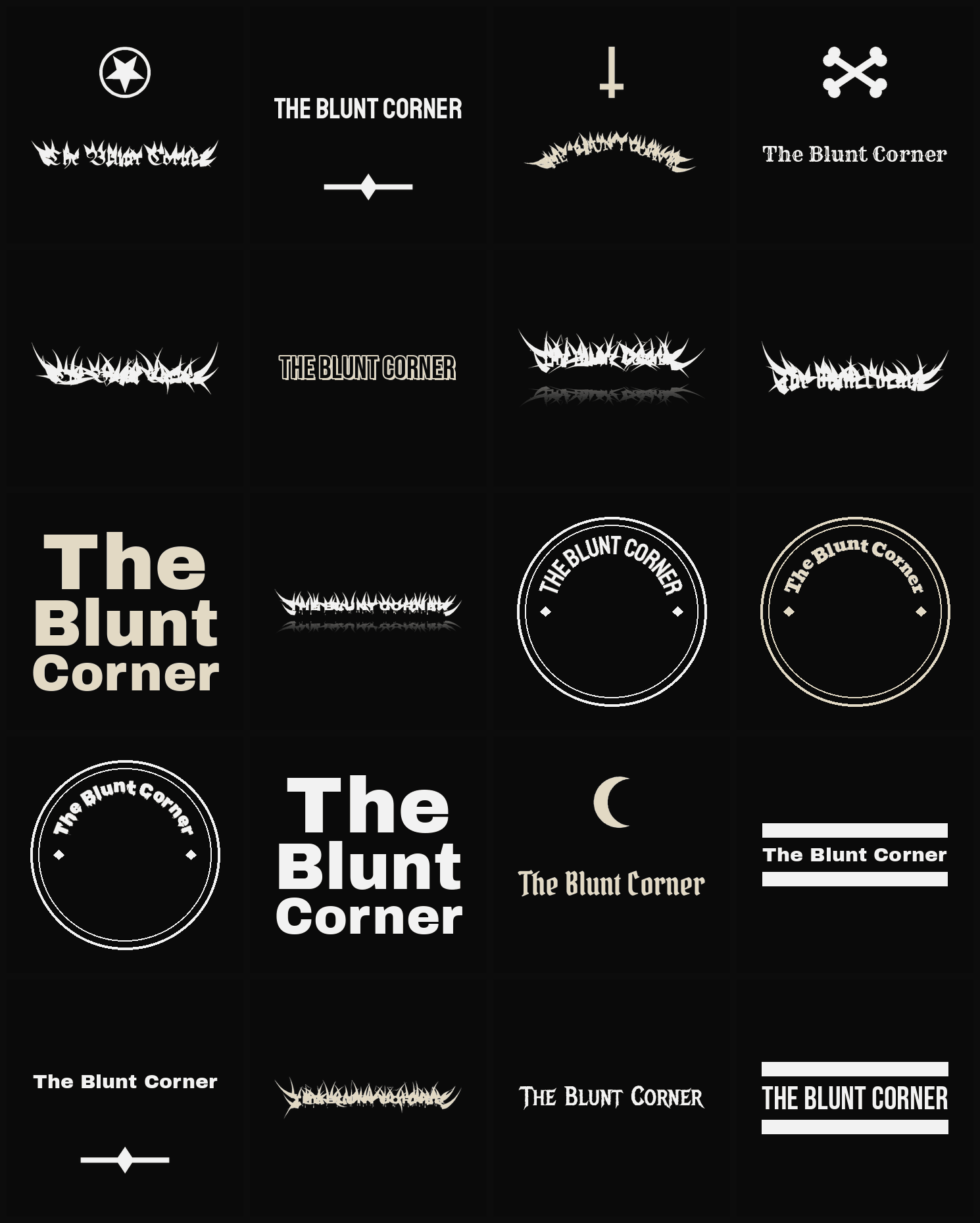Twenty The Blunt Corner band logo ideas — different faces, treatments and spike settings