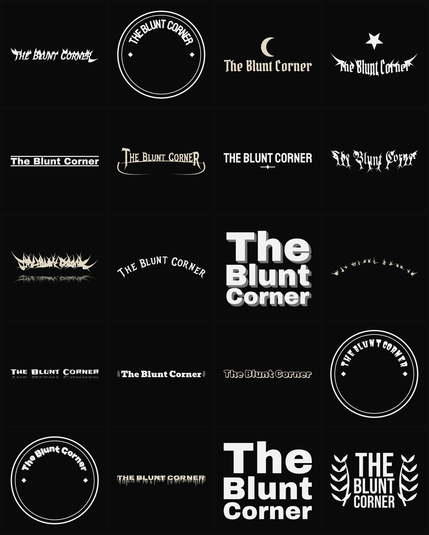 Twenty The Blunt Corner band logo ideas — different faces, treatments and spike settings