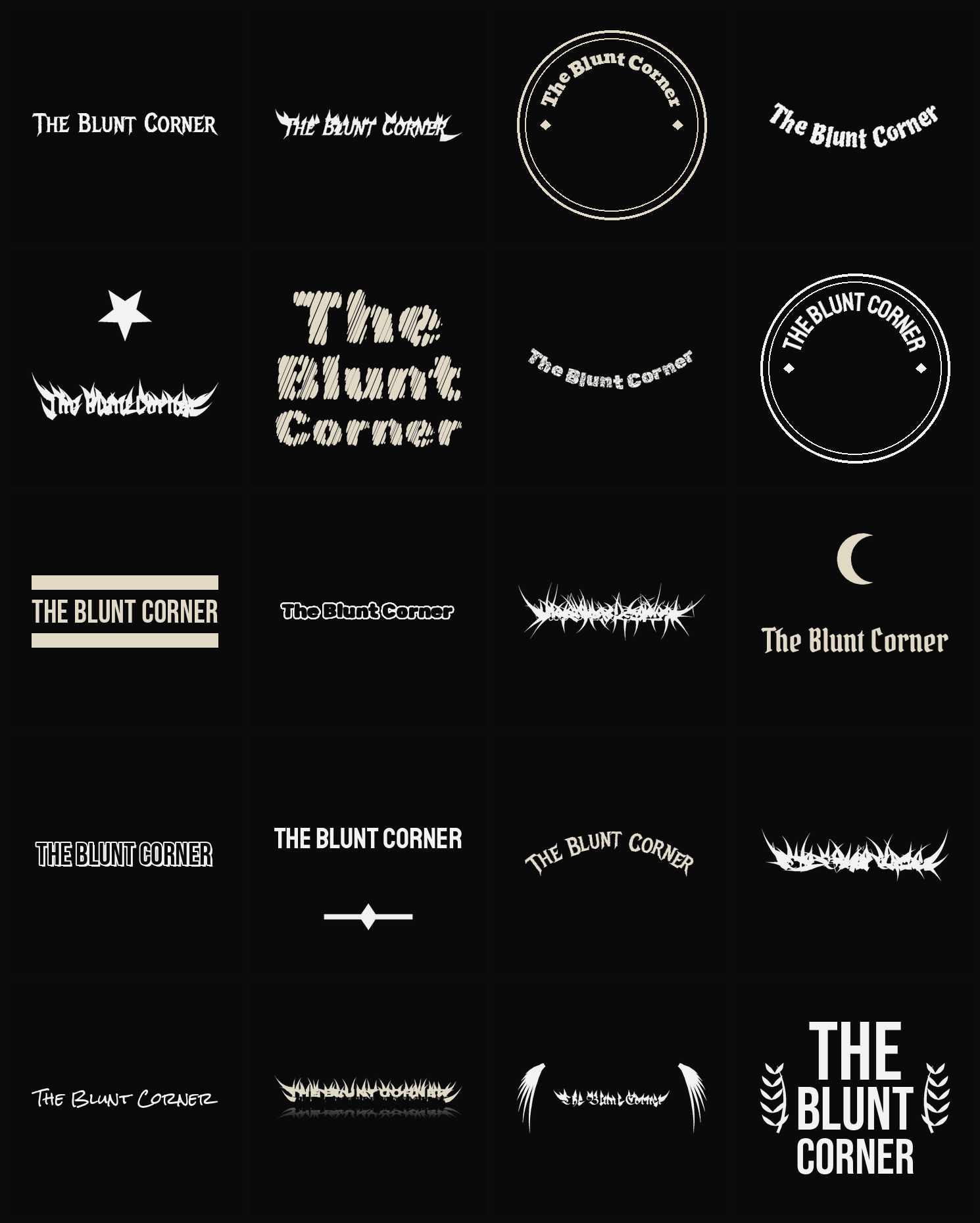 Twenty The Blunt Corner band logo ideas — different faces, treatments and spike settings