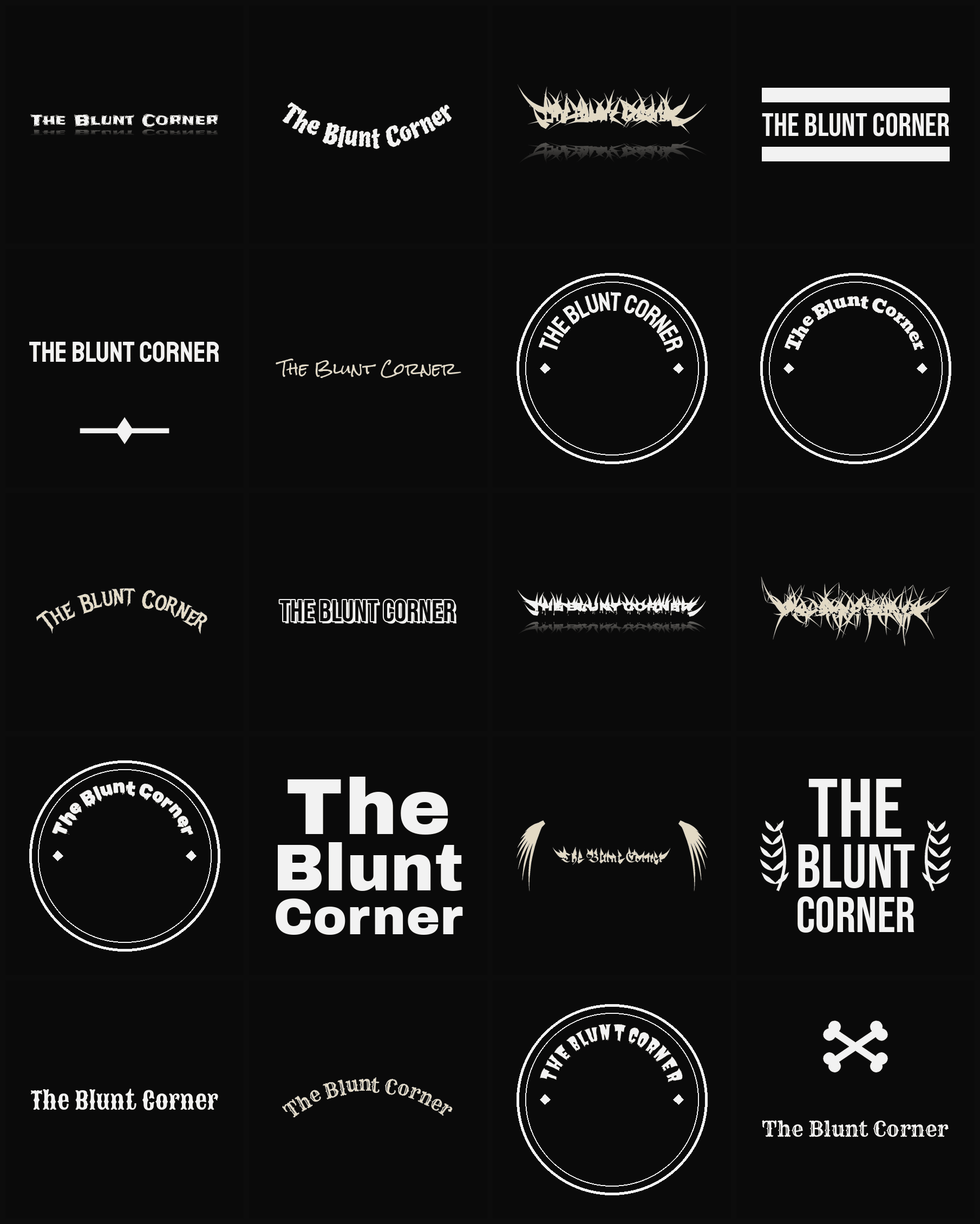 Twenty The Blunt Corner band logo ideas — different faces, treatments and spike settings