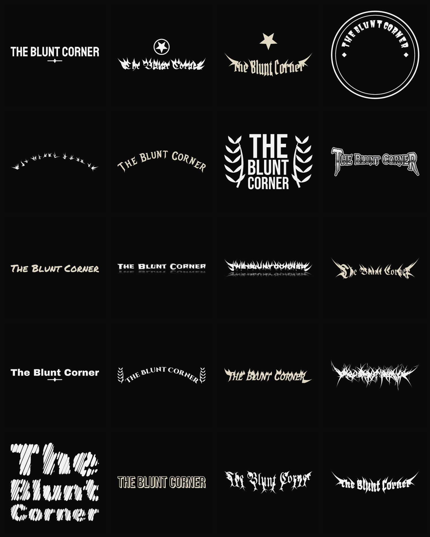 Twenty The Blunt Corner band logo ideas — different faces, treatments and spike settings