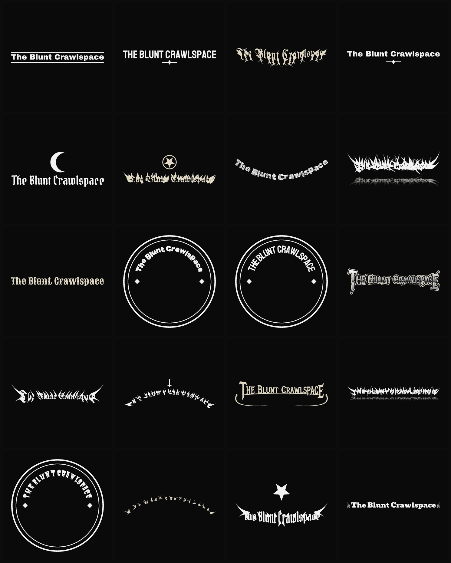 Twenty The Blunt Crawlspace band logo ideas — different faces, treatments and spike settings
